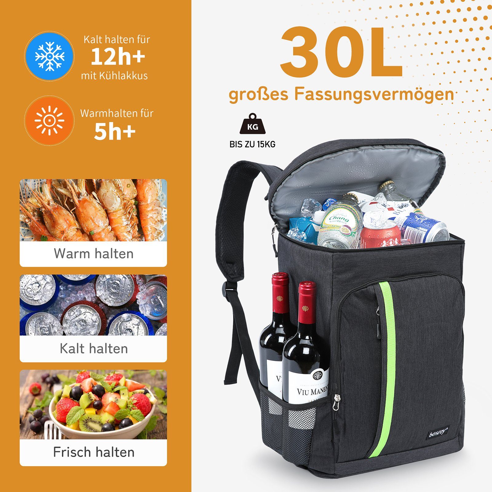 besrey Picknickkorb 30L Kühltasche für Picknick isolierte Kühlrucksack