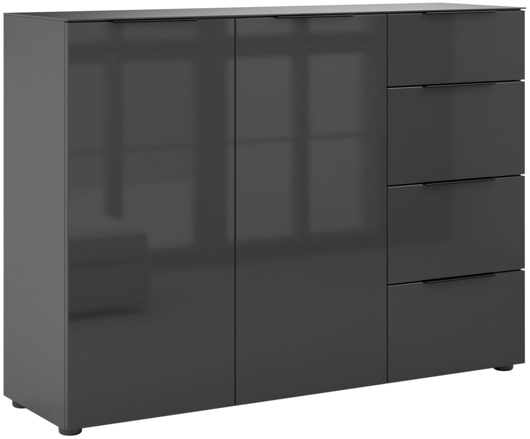 Manjana Möbel Highboard mit Chrom oder Schwarz matten Metallgriffen & Glasfront, Soft-Close, melaminbeschichteter Korpus, mit Vollauszug, Made in Germany