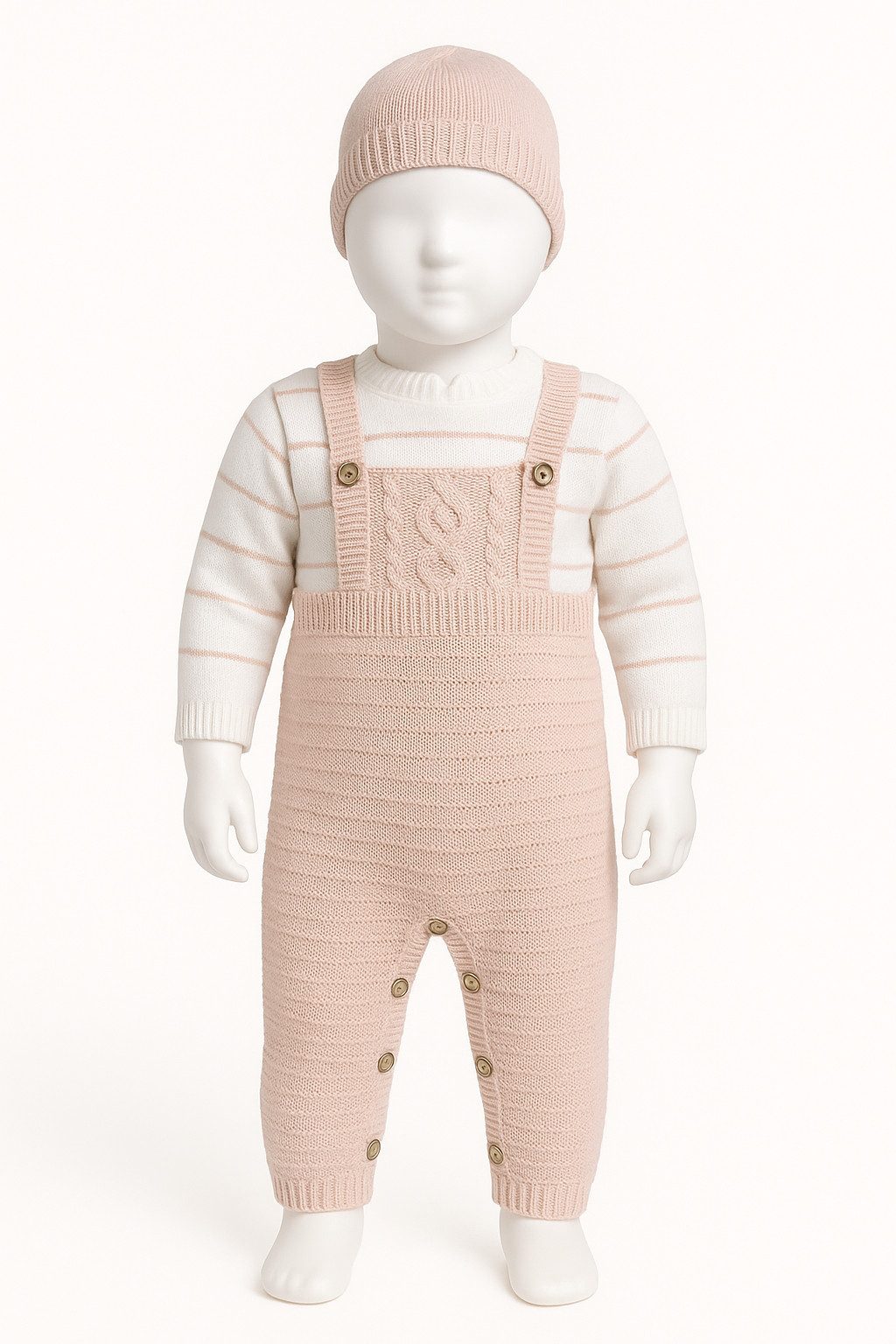 Strampler Mädchen Strick-Strampler mit Mütze – 100% Baumwolle, zartes Rosa