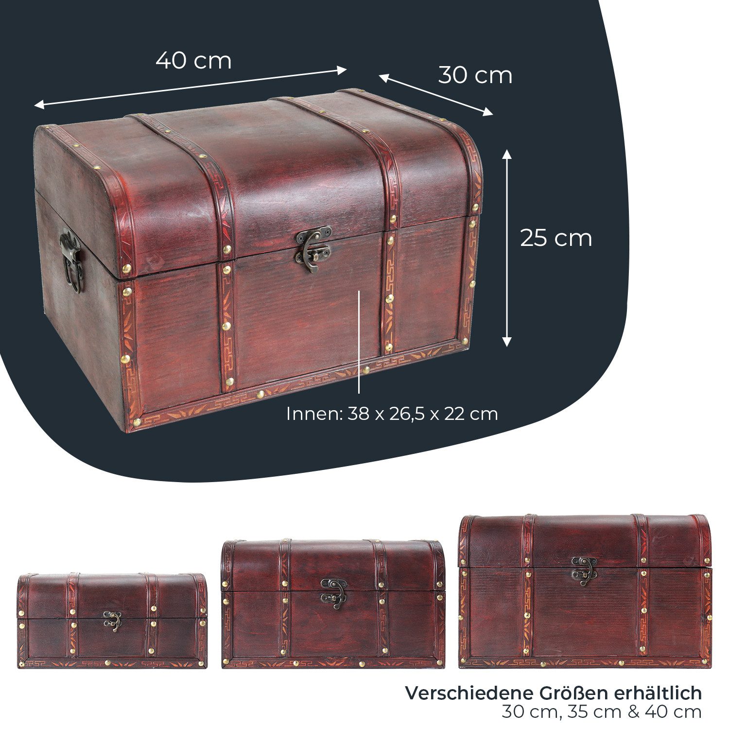 HMF Schatzkiste Schatztruhe aus Holz, große Schatzkiste mit Vintage Metallverschluss, für Kindergeburtstag, Hochzeit & Jubiläum, 40 x 30 x 25 cm, Portugal – Bild 5 von 5