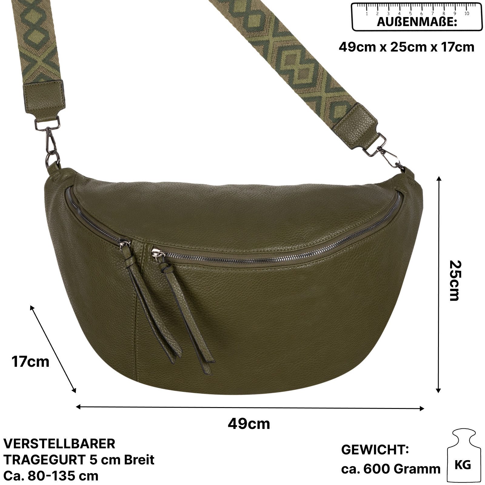 EAAKIE Gürteltasche Bauchtasche XXL Umhängetasche Crossbody-Bag Kunstleder Italy-Design, als Schultertasche, CrossOver, Umhängetasche tragbar