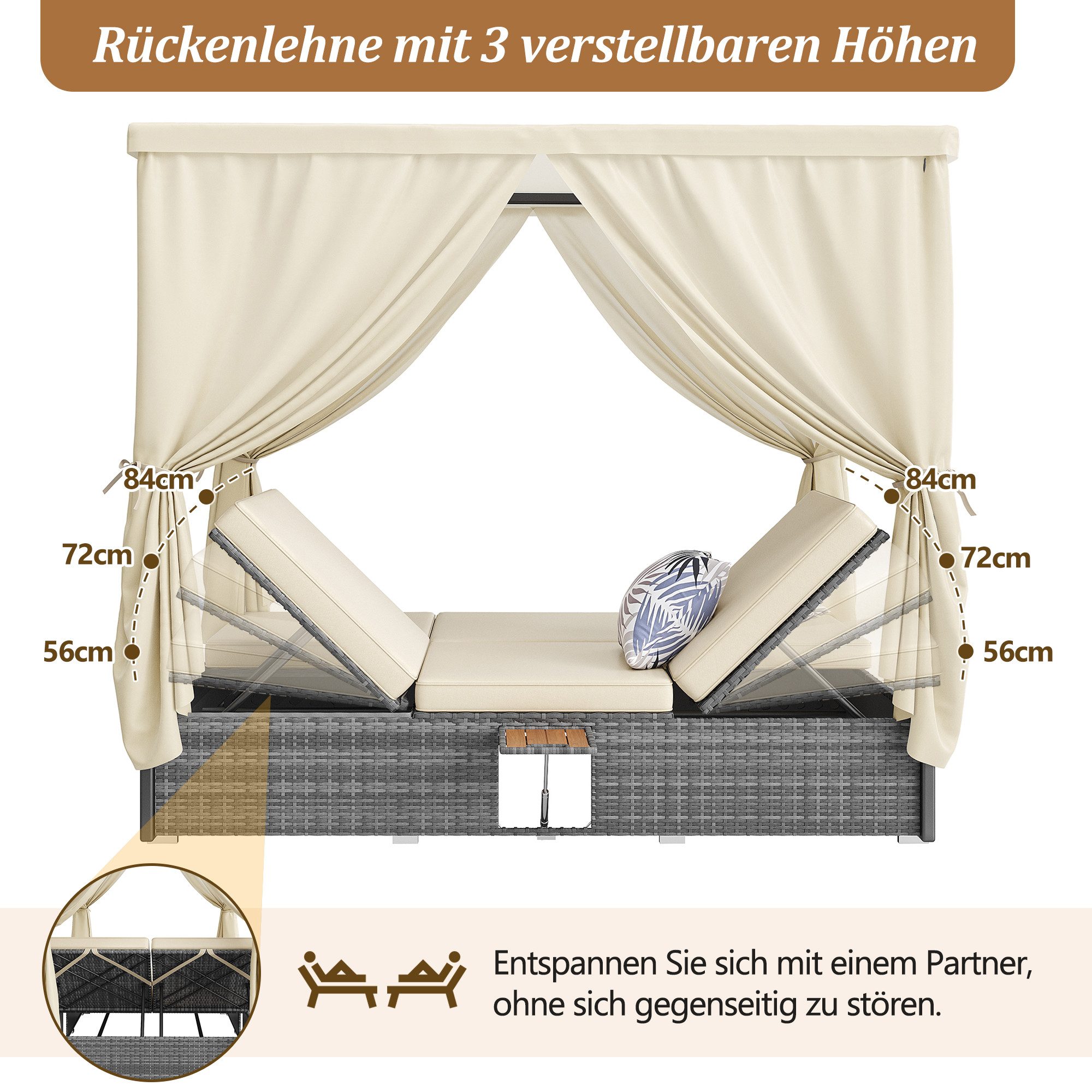 Odikalo Doppelliege Rattanliege Outdoor-Möbel klappbar wetterfest Schattenvorhang Kissen