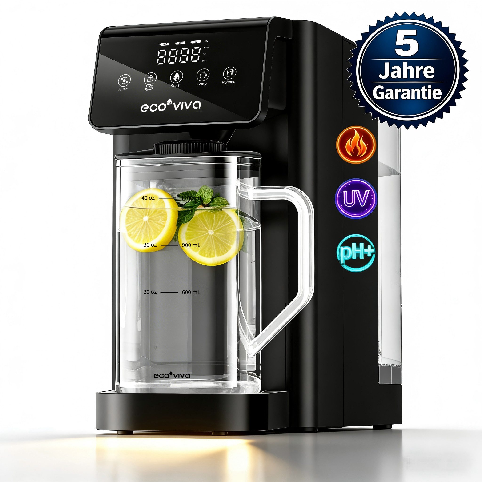 Ecoviva Wasserfilter MATE5 Auftisch Osmoseanlage Trinkwasser mit Instant-Heizung, 8-stufige Filtration, Echtzeit-TDS-Monitor, Mit 1.2L Wasserkanne