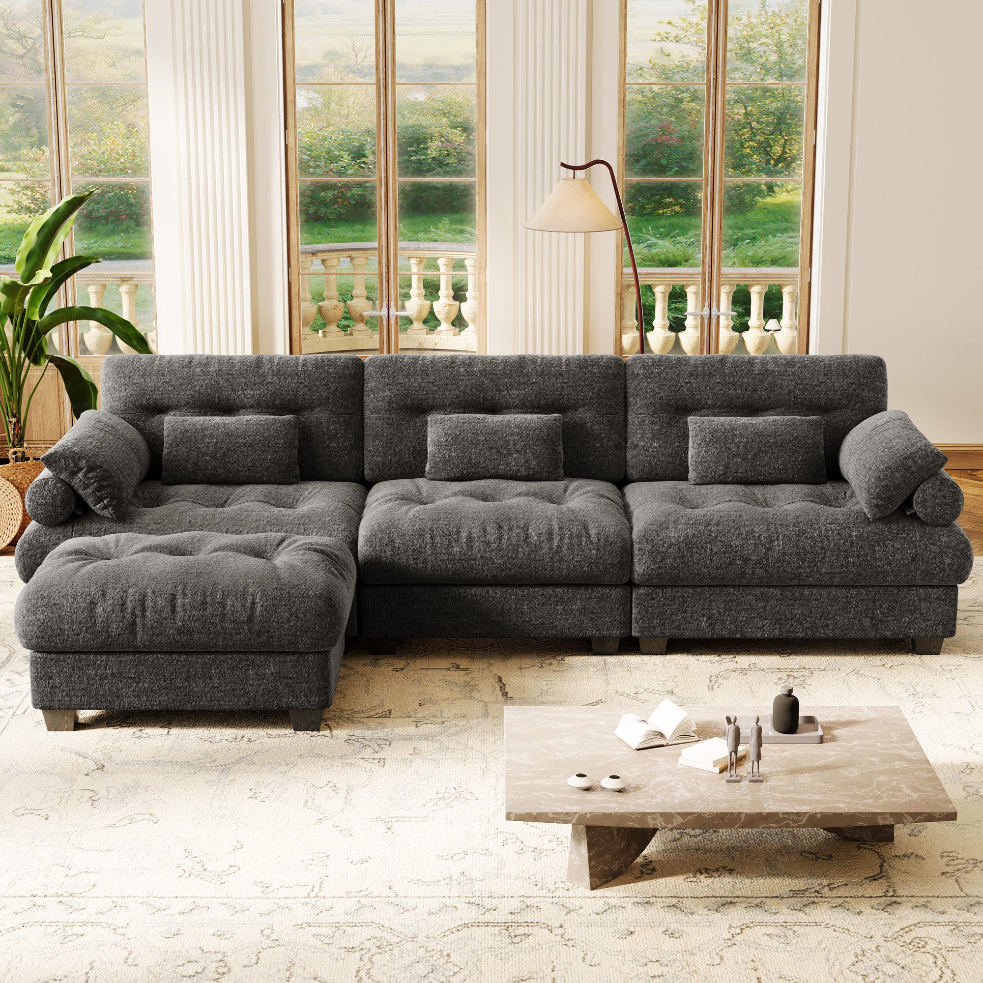 Vipbear Ecksofa Modulares L-förmiges Ecksofa mit Ottomane aus Chenille-Stoff, Erhältlich in 315 cm / 408 cm, Beige & Grau