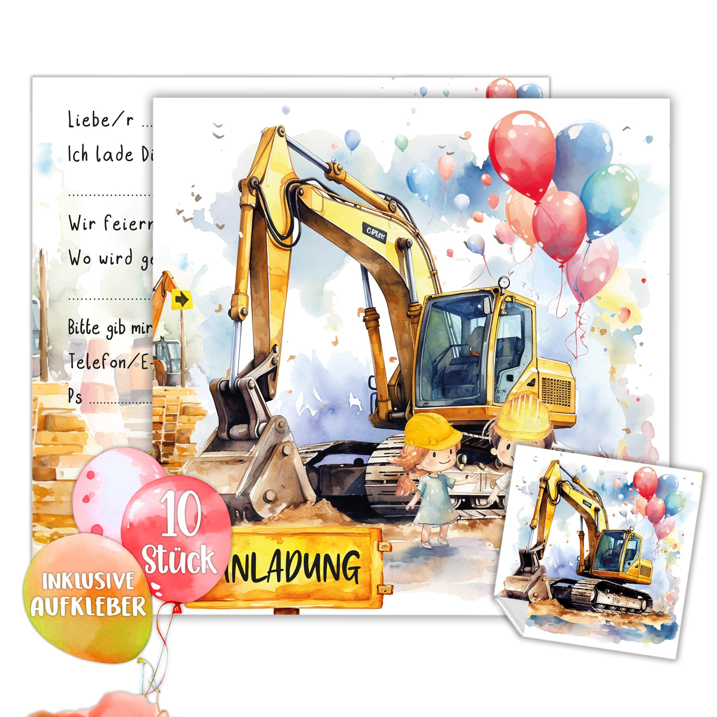 TOBJA Grußkarte XXL Bagger Einladungskarten mit Stickern, Kindergeburtstag Junge Geburtstag Einladung Kinder