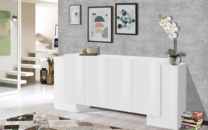 möbelando Sideboard Pinerolo, Modernes Sideboard aus Spanplatte in Weiß-Hochglanz mit 6 Holztüren und 4 Ablageböden. Breite 210 cm, Höhe 85 cm, Tiefe 45 cm