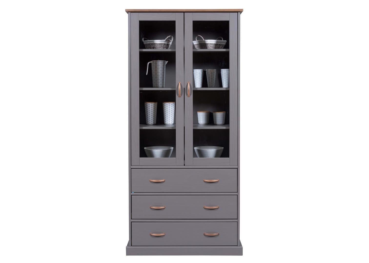 ebuy24 Vitrine Luzerna Vitrinenschrank 2 Türen, 3 Schubladen grau