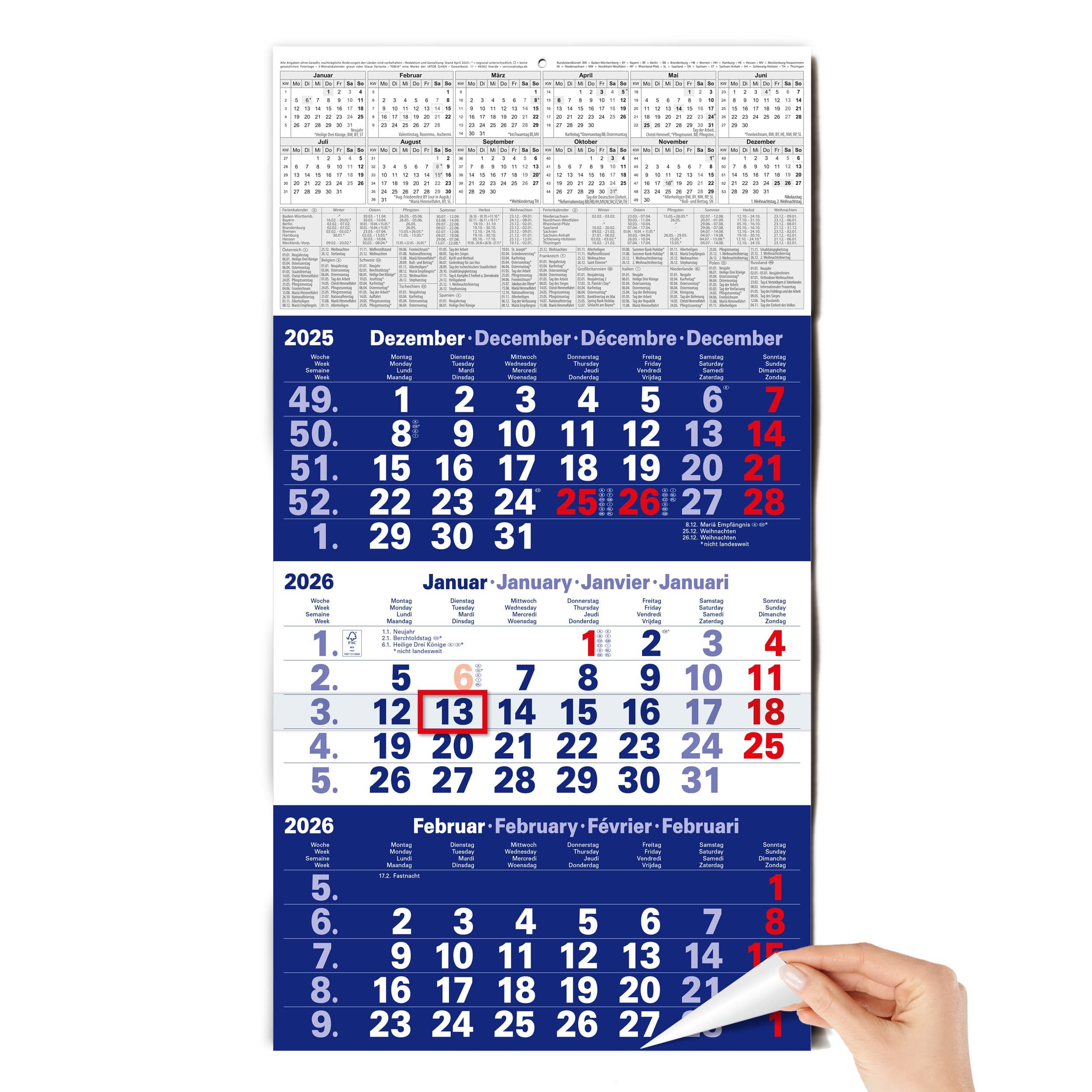 TOBJA Wandkalender 3 Monatskalender 2026 Wandkalender mit Schieber Blau, Kalender 2026 Wandkalender, gefalzt!