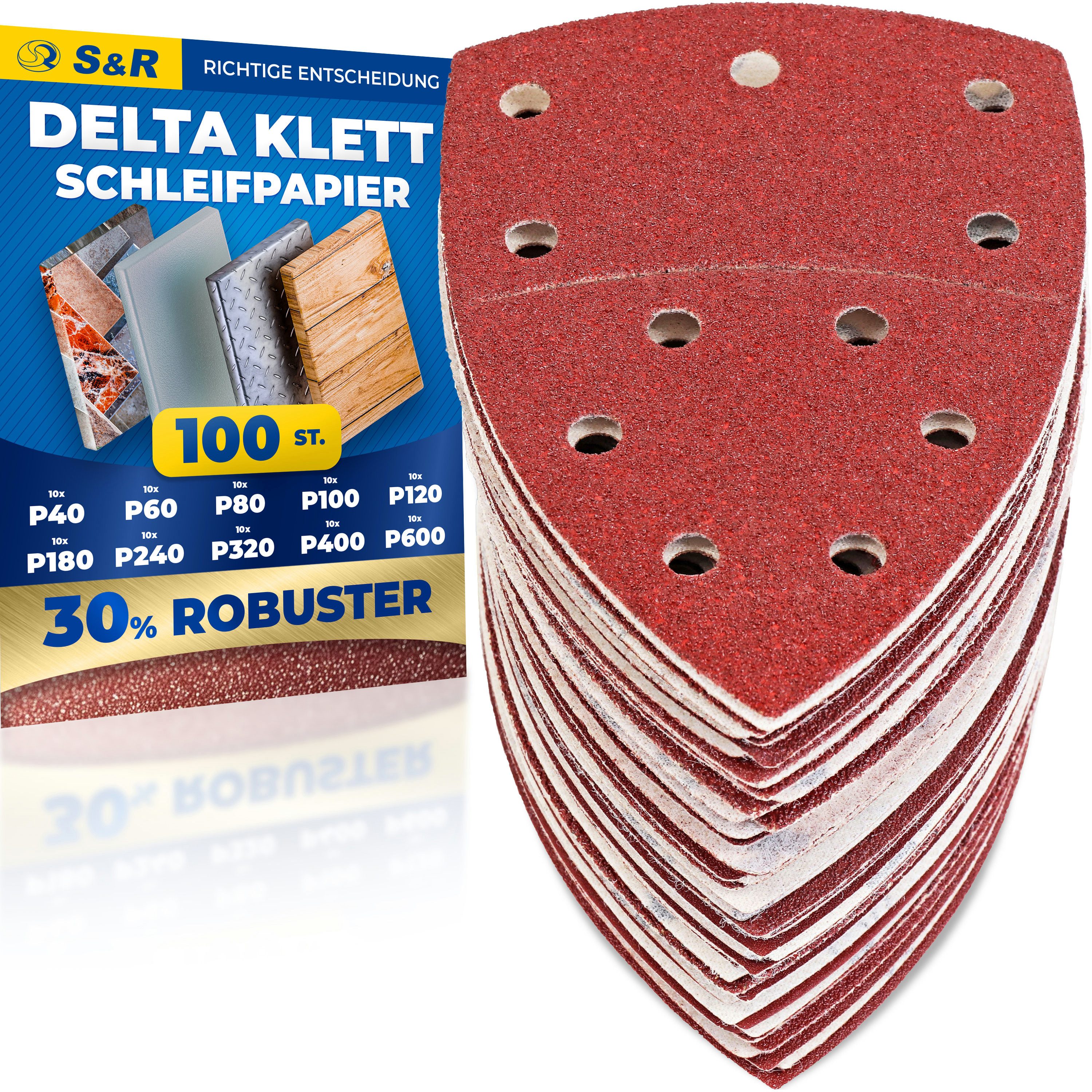 S&R Schleifdreieck Schleifpapier Profi Set 105 mm x 152 mm für professionellen Einsatz, (Set, 60 St., Je 10x P40, P60, P80, P120, P180 und P240), für Metallen, NE-Metallen, Stahl und Legierungen, Holz, Kunststoffe