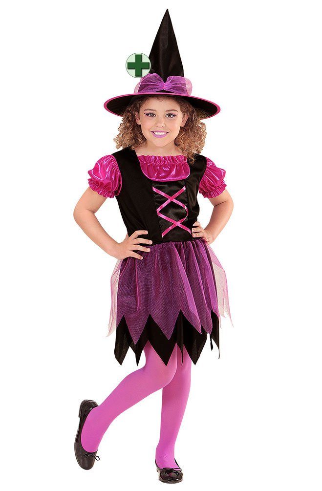 Karneval-Klamotten Hexen-Kostüm Mädchen Hexekleid Kinder Kostüm Halloween, pink schwarzes Kostüm Halloweenkostüm mit Hexenhut Hexenbesen
