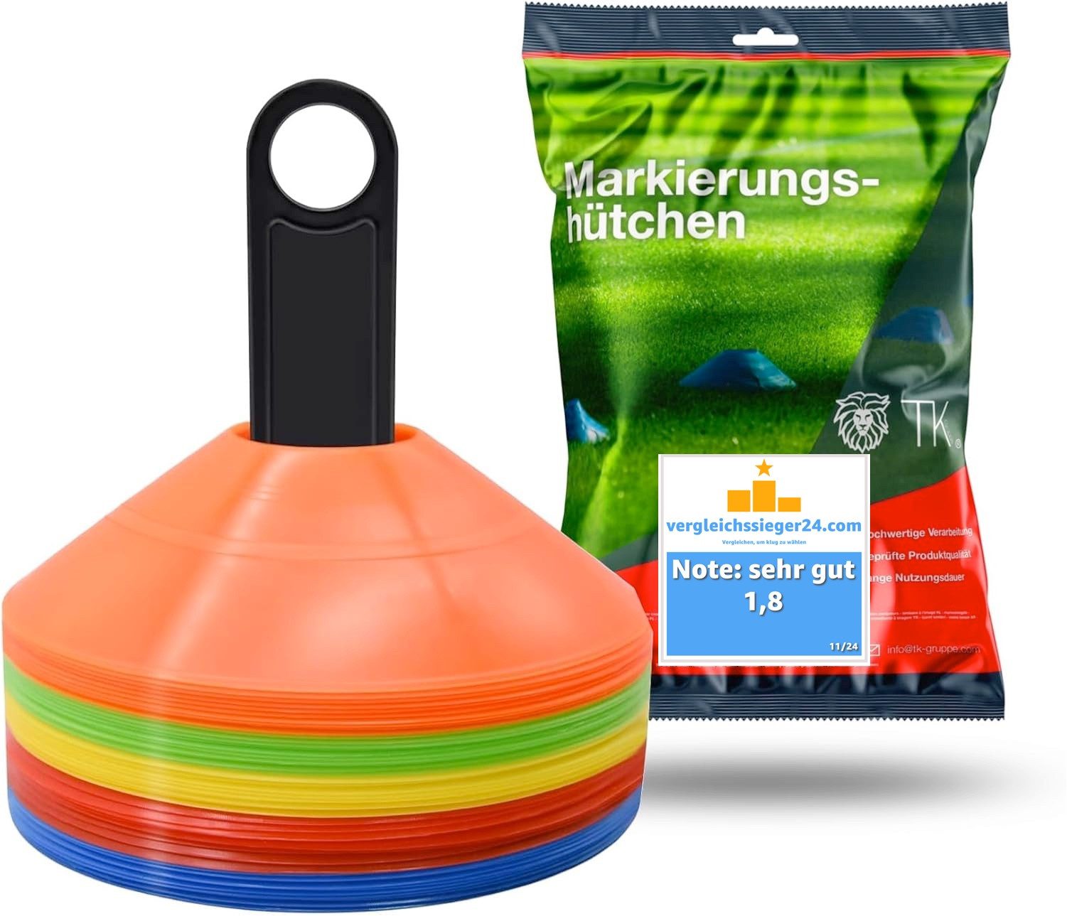 Sportyfits® Markierungshütchen 25x Markierungshütchen Hütchen für Slalom Trainingszubehör Sport (25er Set, 25 St., 25 Hütchen in 5 verschiedenen Farben), Flexibles Material / inkl. Halterung