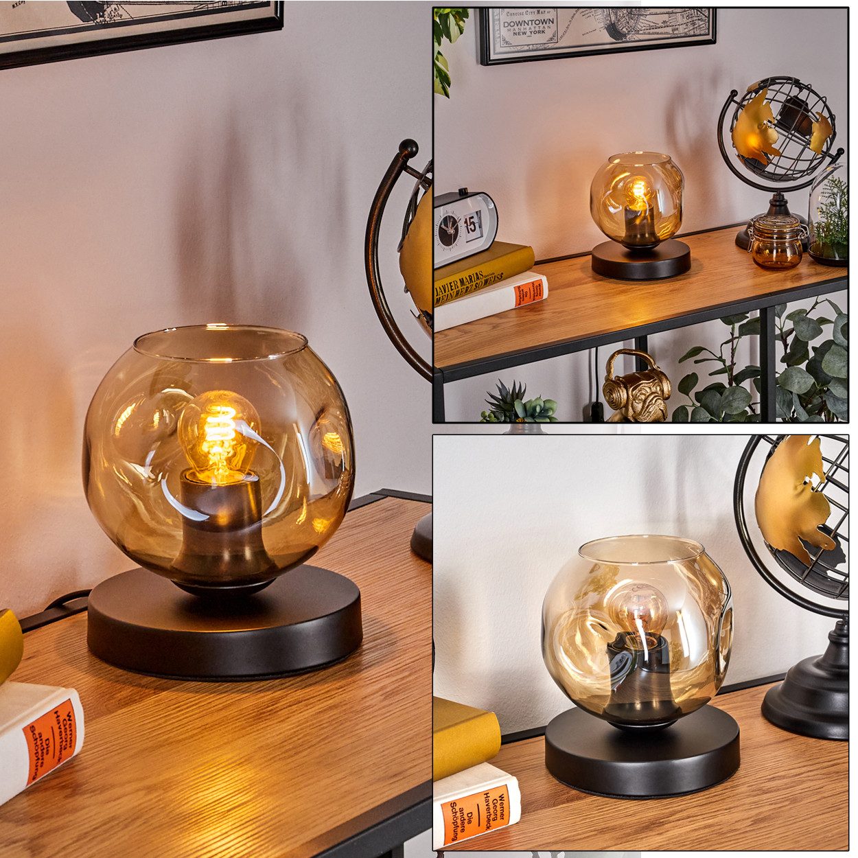hofstein Tischleuchte Tischlampe aus Metall/Glas in Schwarz/Bernstein, ohne günstig online kaufen