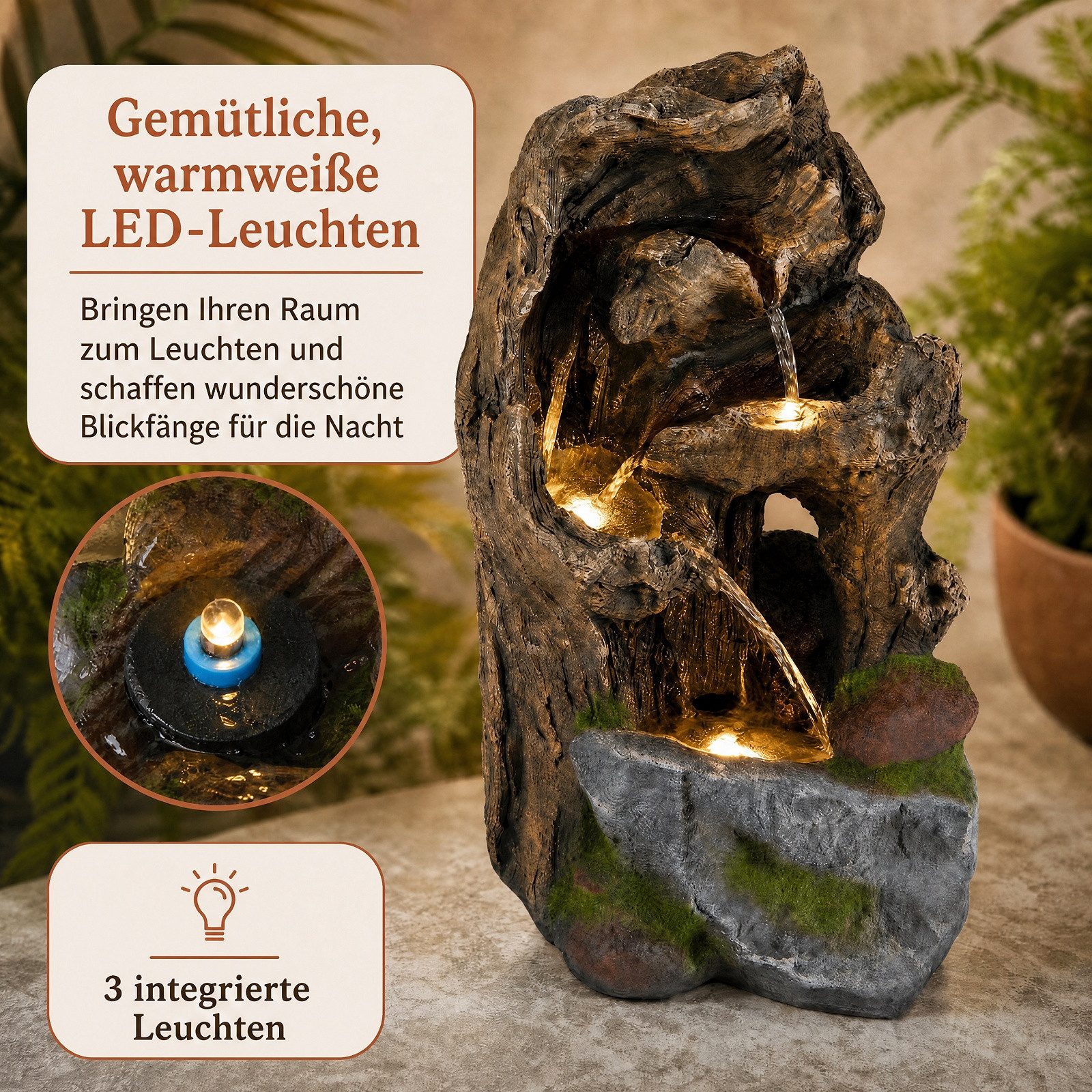 KOMFOTTEU Zimmerbrunnen Gartenbrunnen, mit Wasserfall, LED Beleuchtung & Pumpe