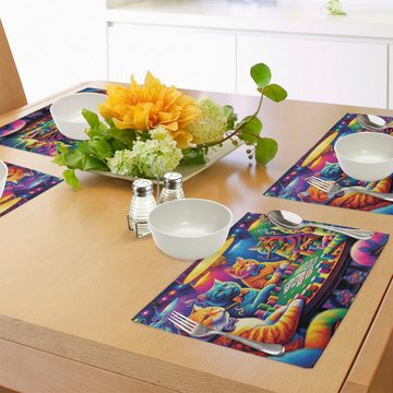 Platzset, Waschbare Stoff Esszimmer Küche Tischdekorations Digitaldruck, Abakuhaus, (4-teilig, 4-St., Set aus 4x), Katze Farbenfrohes Kätzchen in psychedelischer Szene