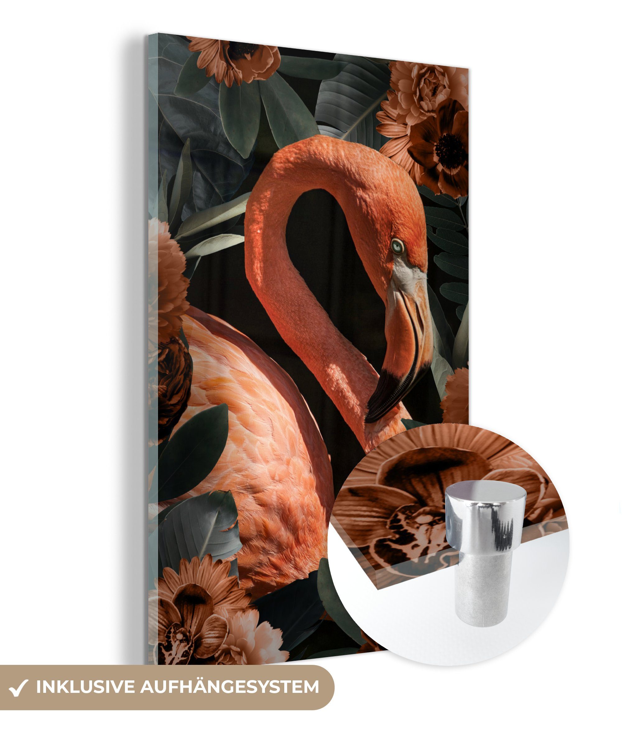 MuchoWow Acrylglasbild Flamingo - Rosa - Blätter, (1 St), Glasbilder - Bilder auf Glas Wandbild - Foto auf Glas - Wanddekoration bunt