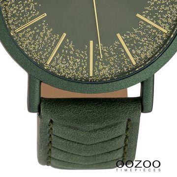 OOZOO Quarzuhr Oozoo Damen-Uhr grün gold, Damenuhr rund, groß (ca. 42mm), Lederarmband grün, Fashion