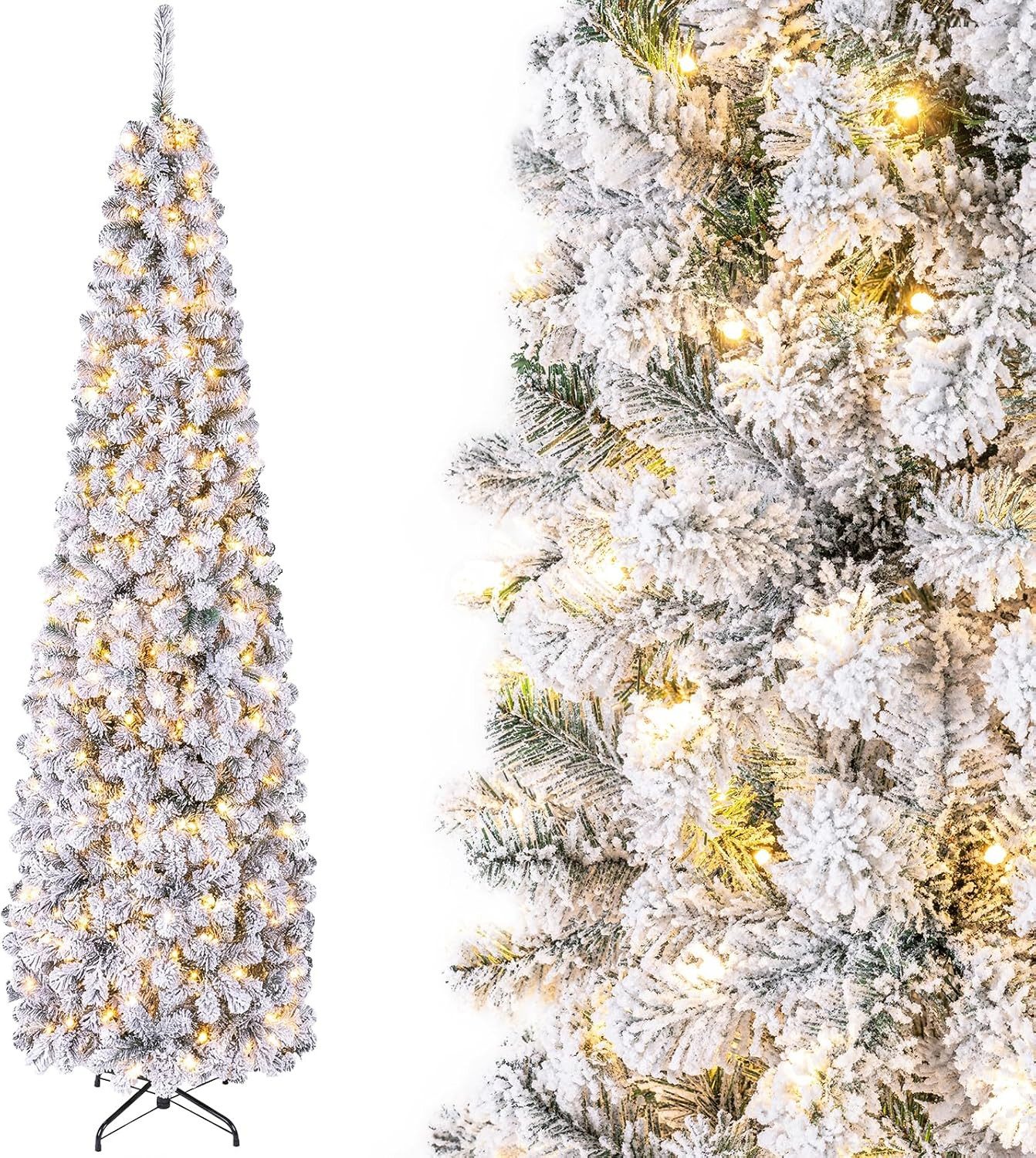COSTWAY Künstlicher Weihnachtsbaum schmal mit Beleuchtung und Schnee, 225cm, 350 warmweiße LEDs, 641 PVC Nadeln