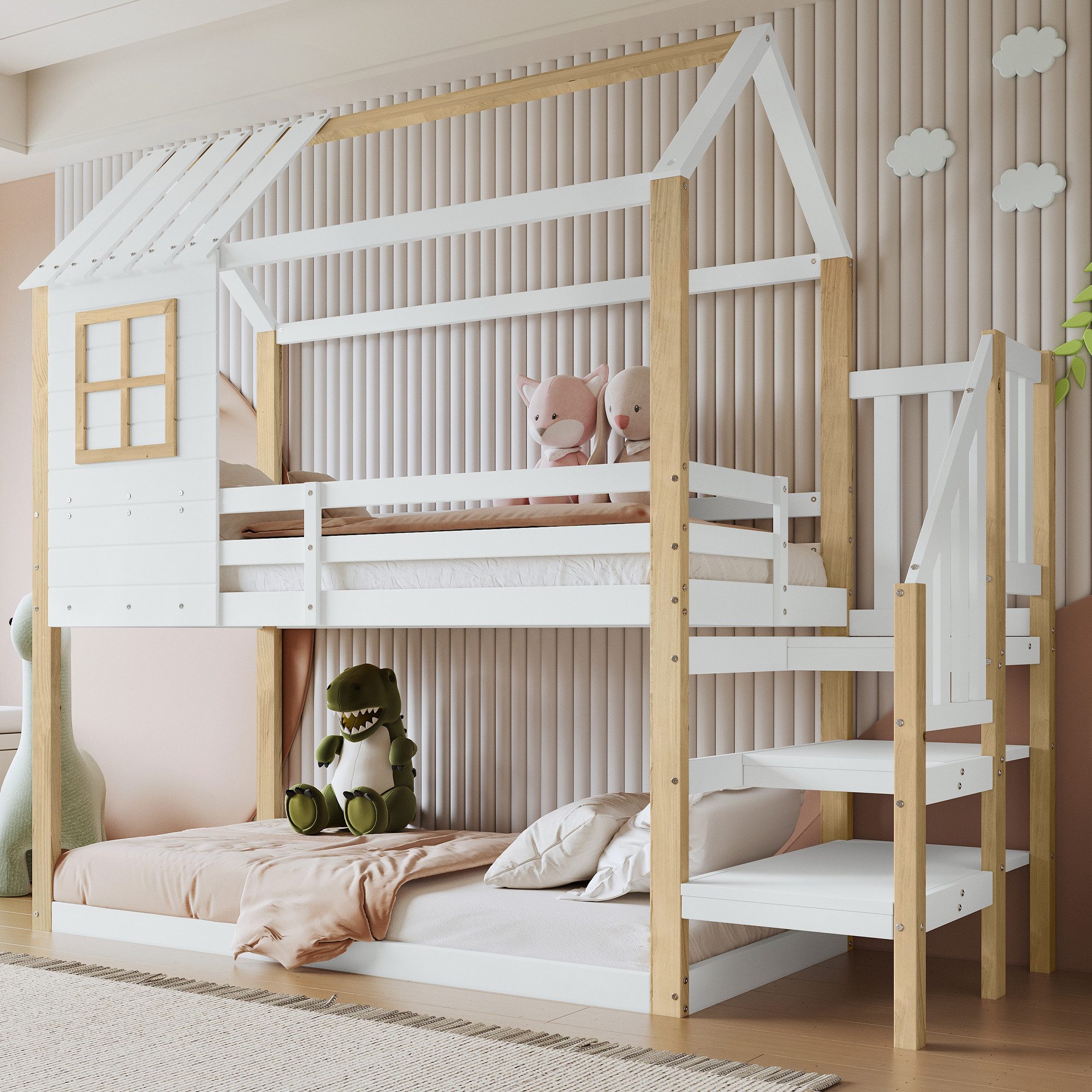 Flieks Etagenbett, Hochbett mit Treppe Hausbett günstig online kaufen
