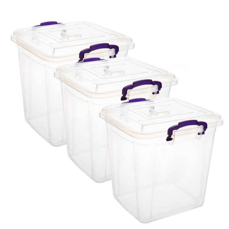 Centi Aufbewahrungsbox Plastikbox mit Deckel und farbigen Griffen (Spar set, 3 St., 10 Liter, H27 cm x B26 cm x T20 cm), Aufbewahrung, Plastikbox mit Deckel, Transparent Kisten Aufbewahrung