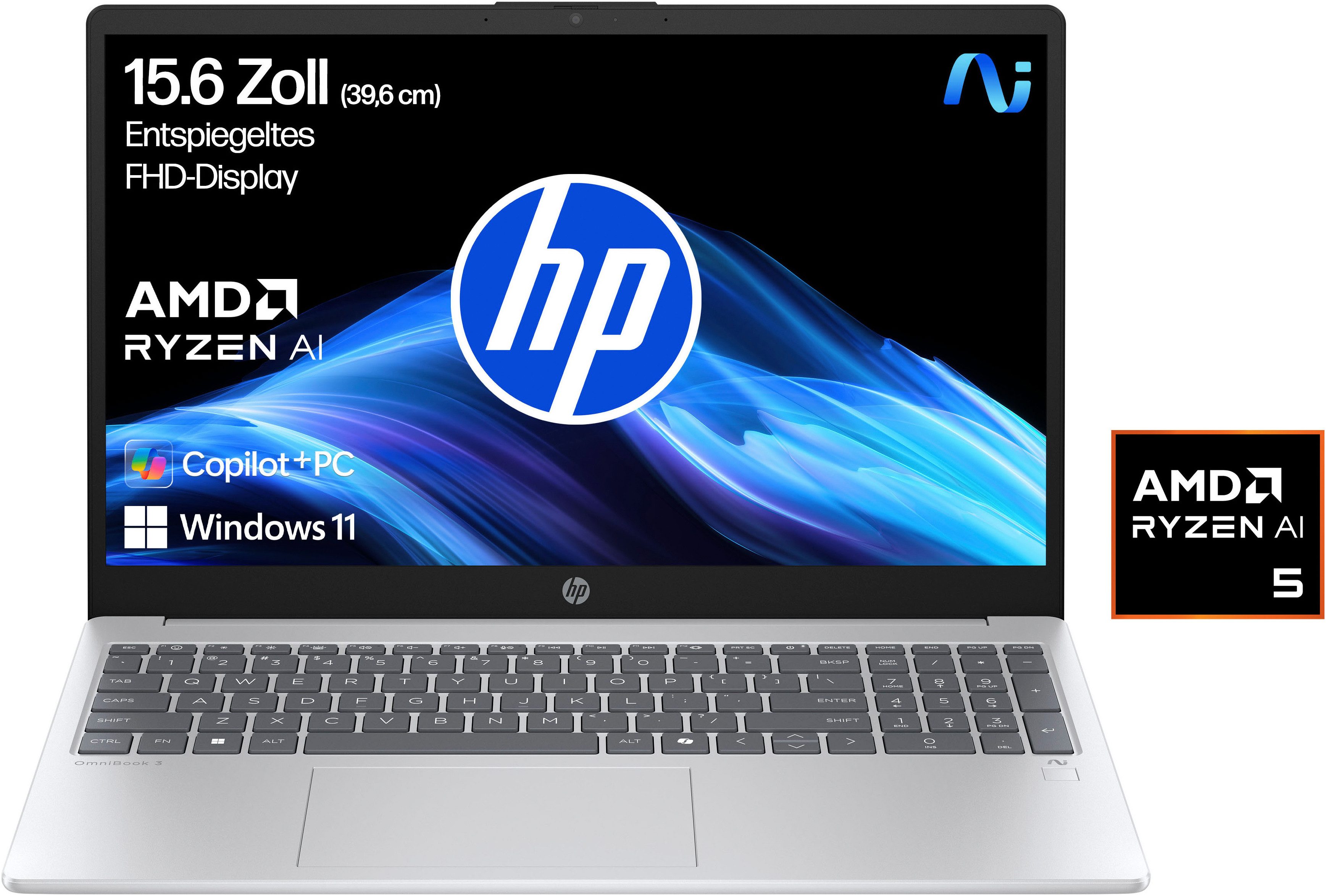 HP OmniBook 3 NG AI Notebook (39,62 cm/15,6 Zoll, AMD Ryzen™ AI 5 330, Radeon 820M, 512 GB SSD)