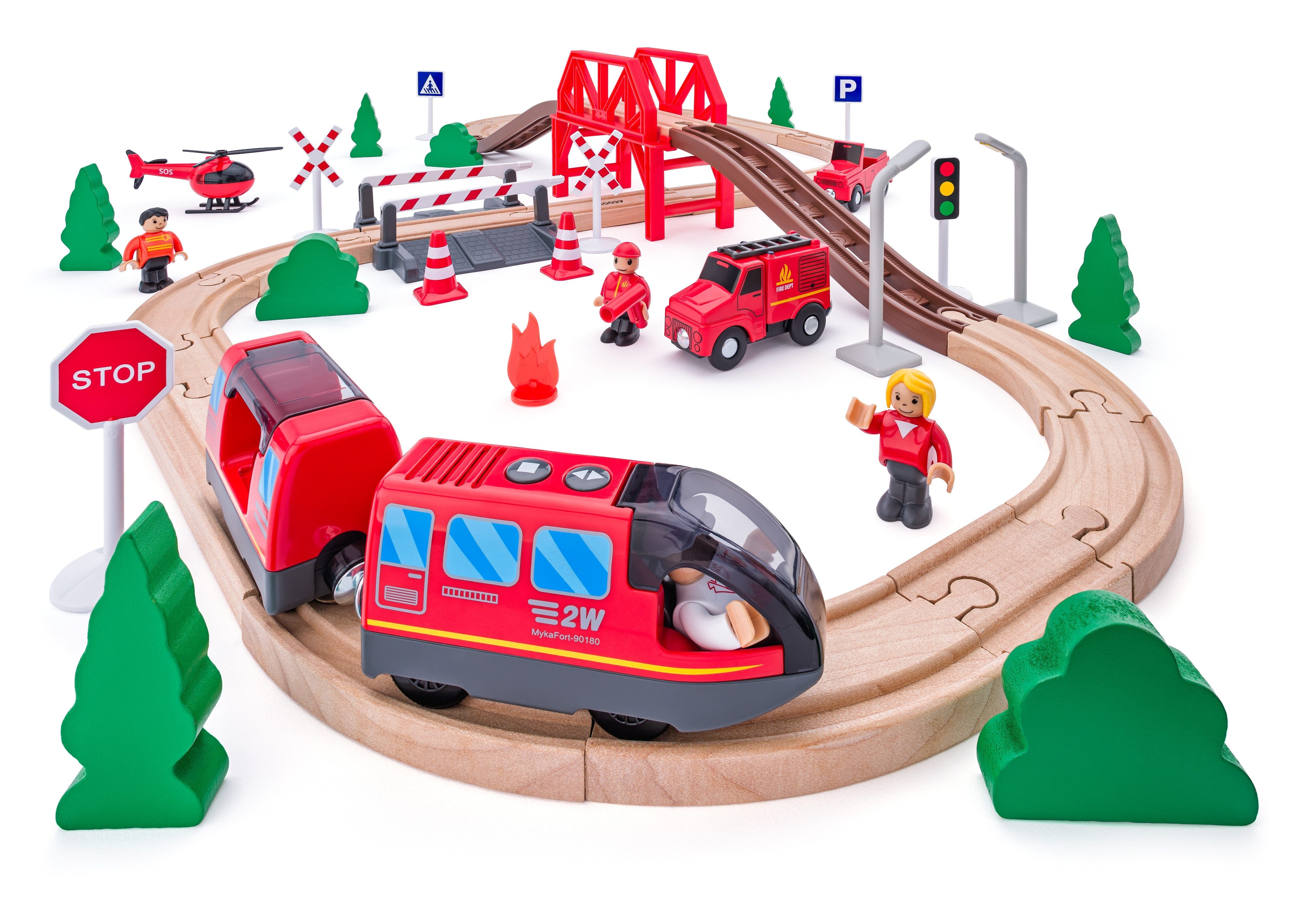 Woodyland Spielzeug-Eisenbahn 92110 Eisenbahnset - 60 teilig. Mit batteriebetriebener Lok, (60-tlg), Fahrzeuge magnetisch. Lok elektrisch betrieben
