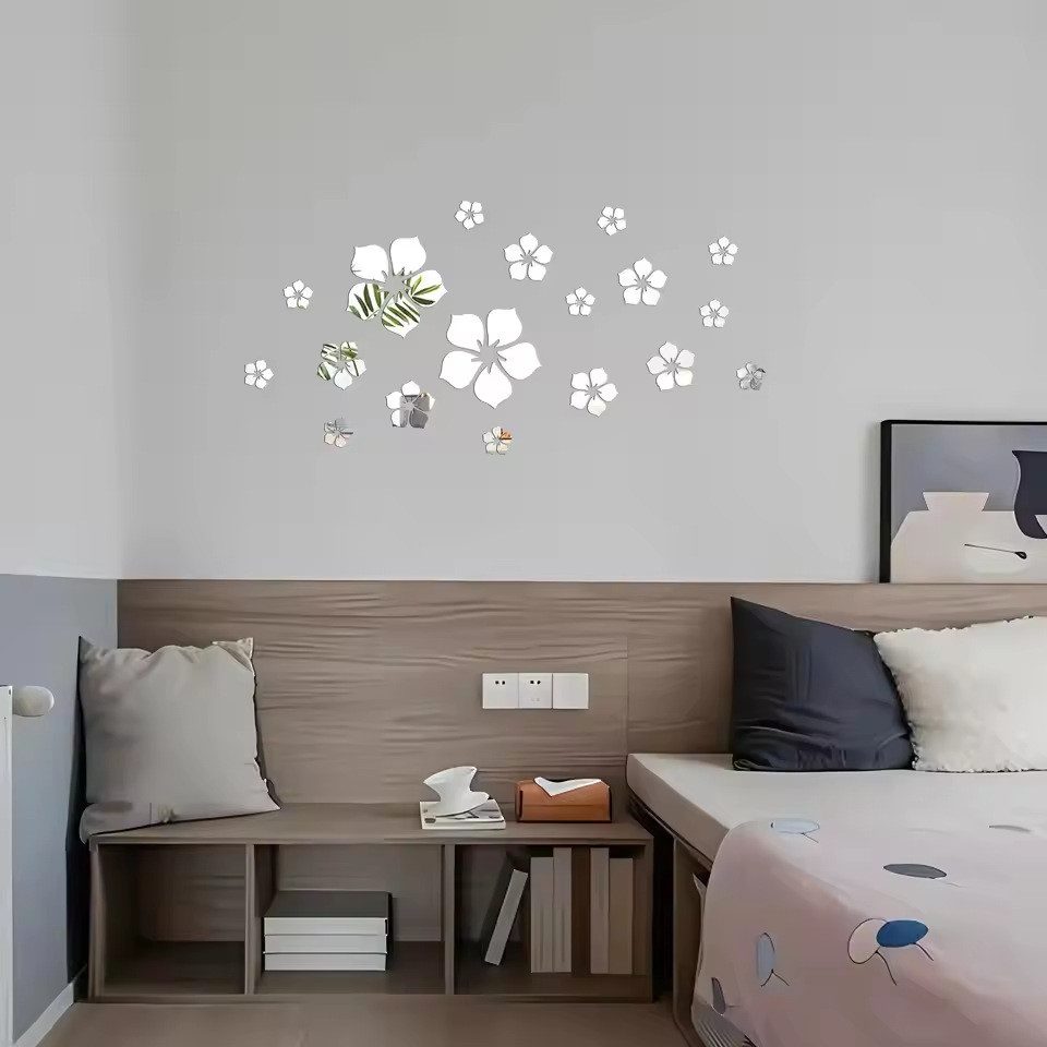 Mrilary Wandspiegel 18 Stück Wandtattoo Acryl Blumen 3D Spiegel Wandaufkleber Wanddeko, Spiegel Wandaufkleber für Wohnzimmer Schlafzimmer Badezimmer Büro