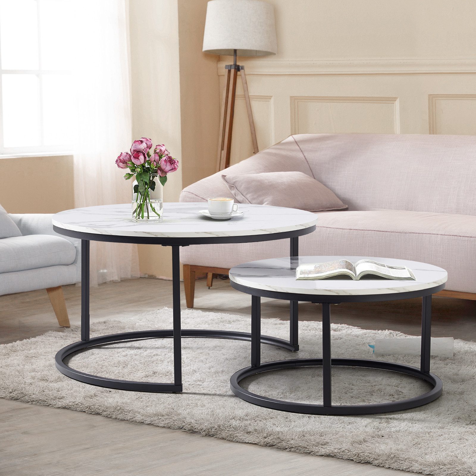 OKWISH Couchtisch 2-teiliges Couchtisch-Set (elegantem Design, 2-St., Stabiler Eisenrahmen & leicht zu reinigende MDF-Tischplatte), Ideal für Wohnzimmer & Büro, Platzsparendes stapelbares Design