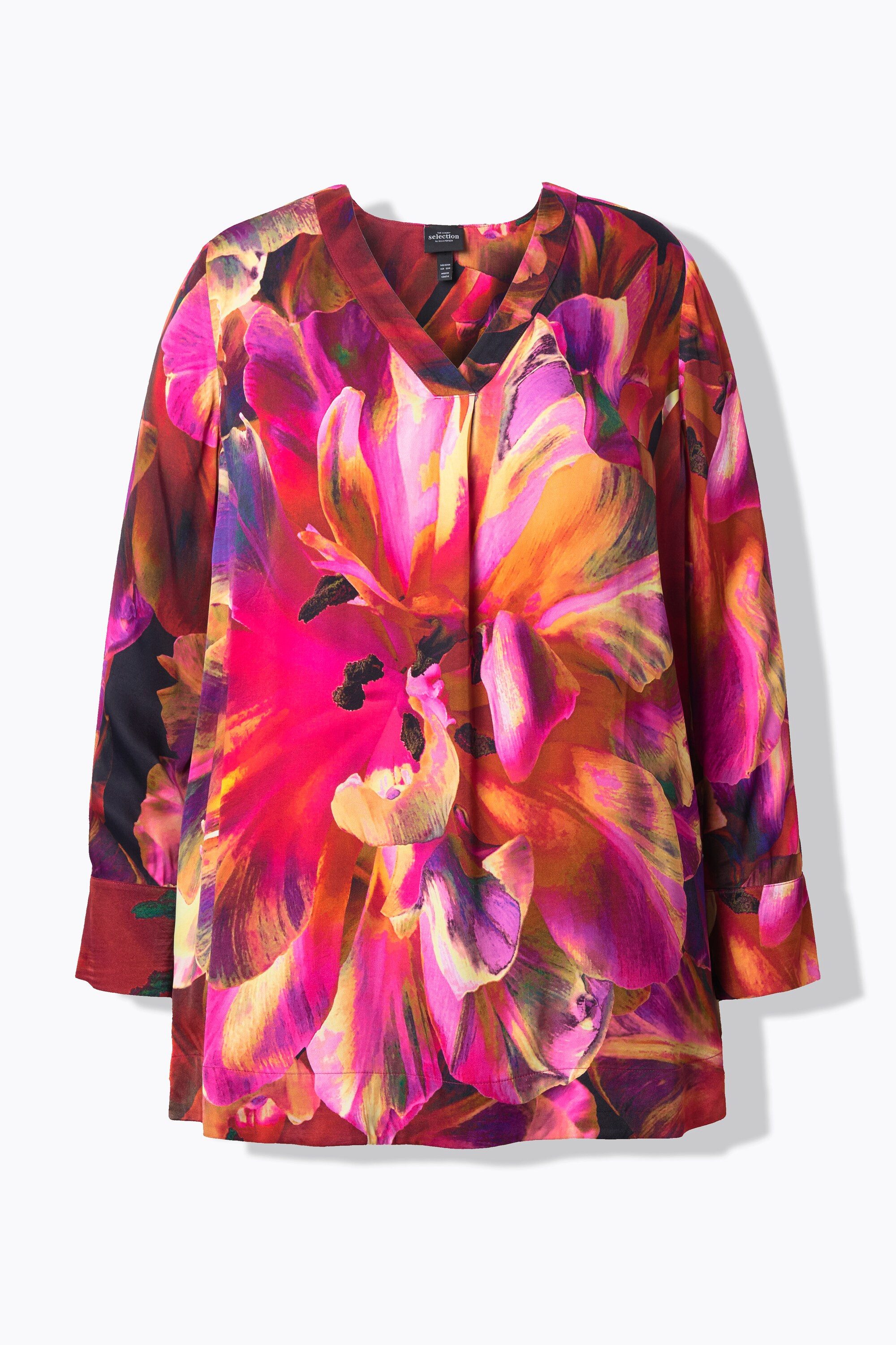 Druckbluse Satinbluse Blüten V-Ausschnitt Langarm