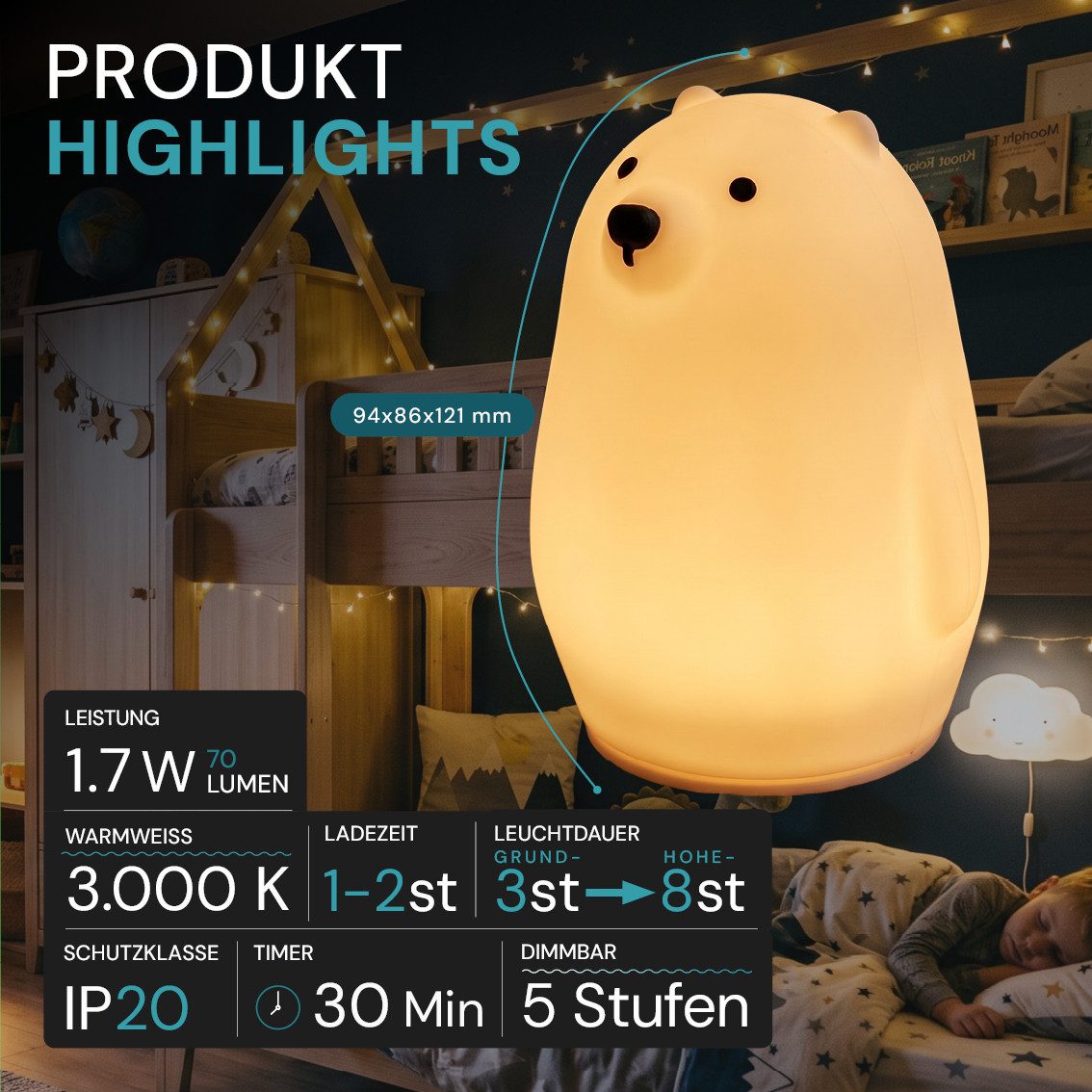 LUXULA LED Nachttischlampe LED-Nachtlicht, LED fest integriert, 1,7W Kinderlampe Weiß aus Silikon durch Drücken dimmbar mit Akku