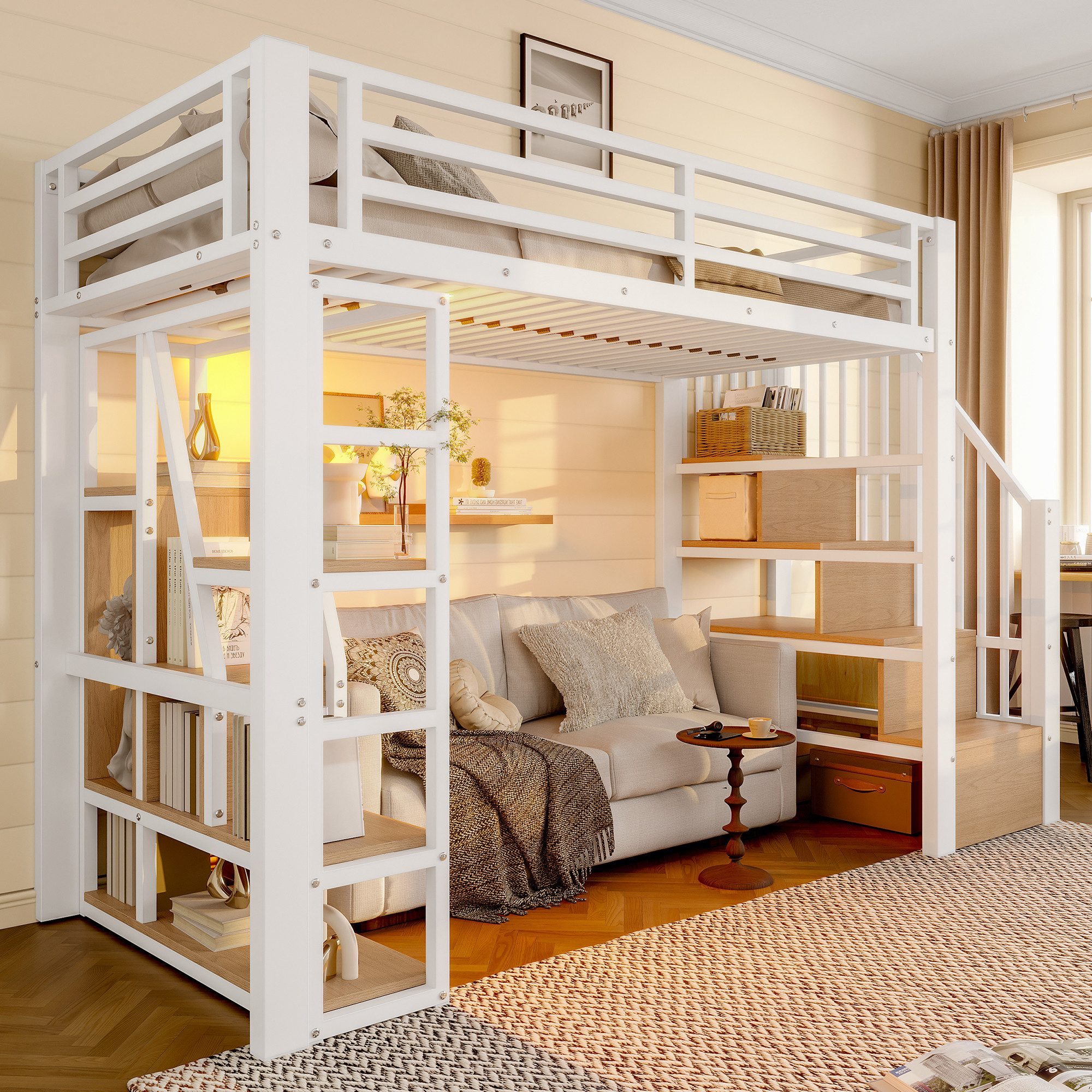 Kinderbett aus Metall mit Schutzgeländer, Leiter und integriertem Stauraum