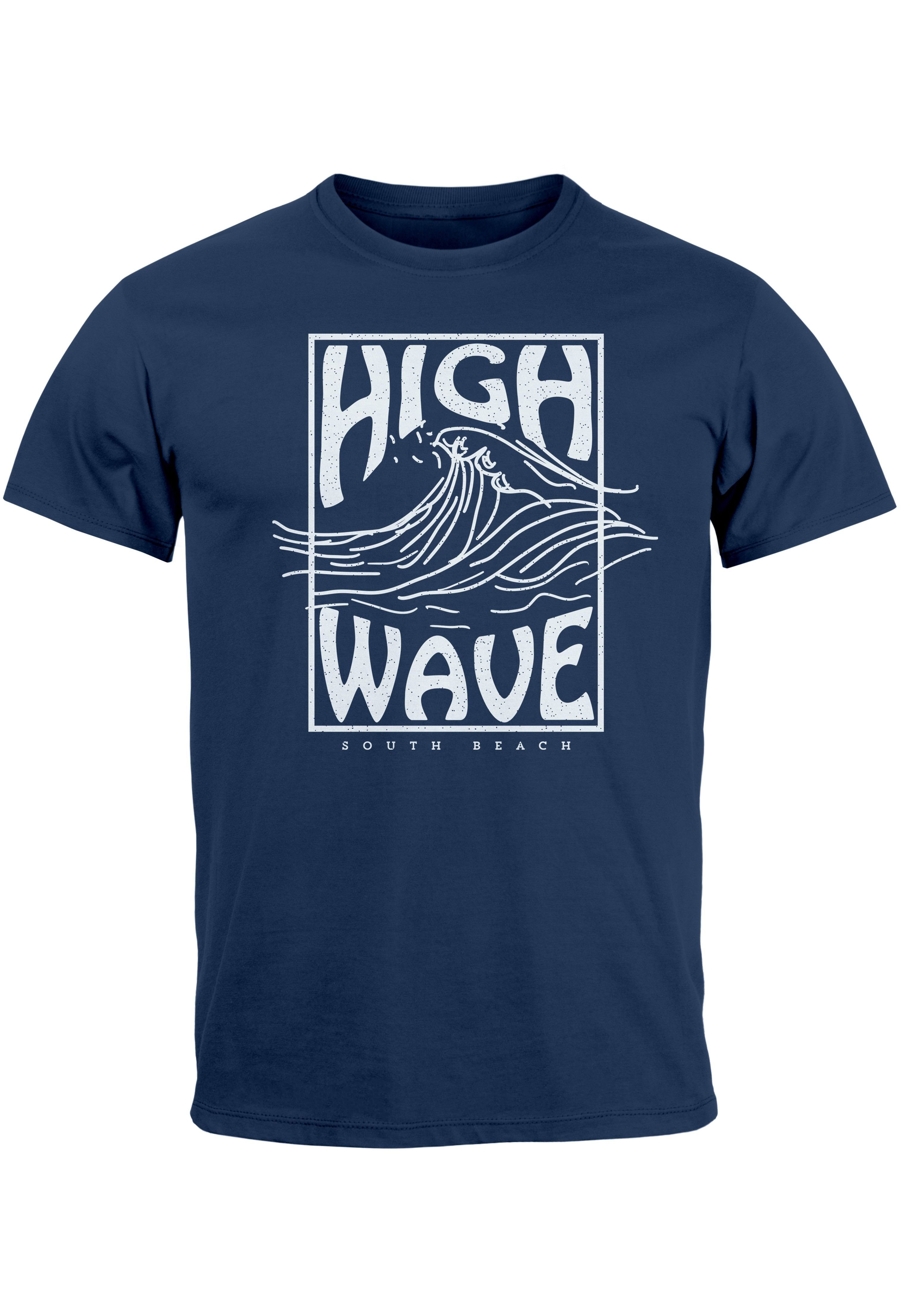 Print High Aufdruck navy Line Art Logo mit Print-Shirt Surfing T-Shirt Herren Welle Wave Neverless Schrift