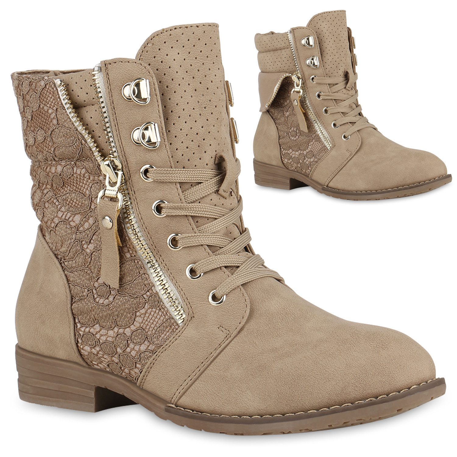 VAN HILL 815442 Schnürstiefelette Damen Schnürstiefeletten Spitze Stiefeletten Zipper Worker Boot