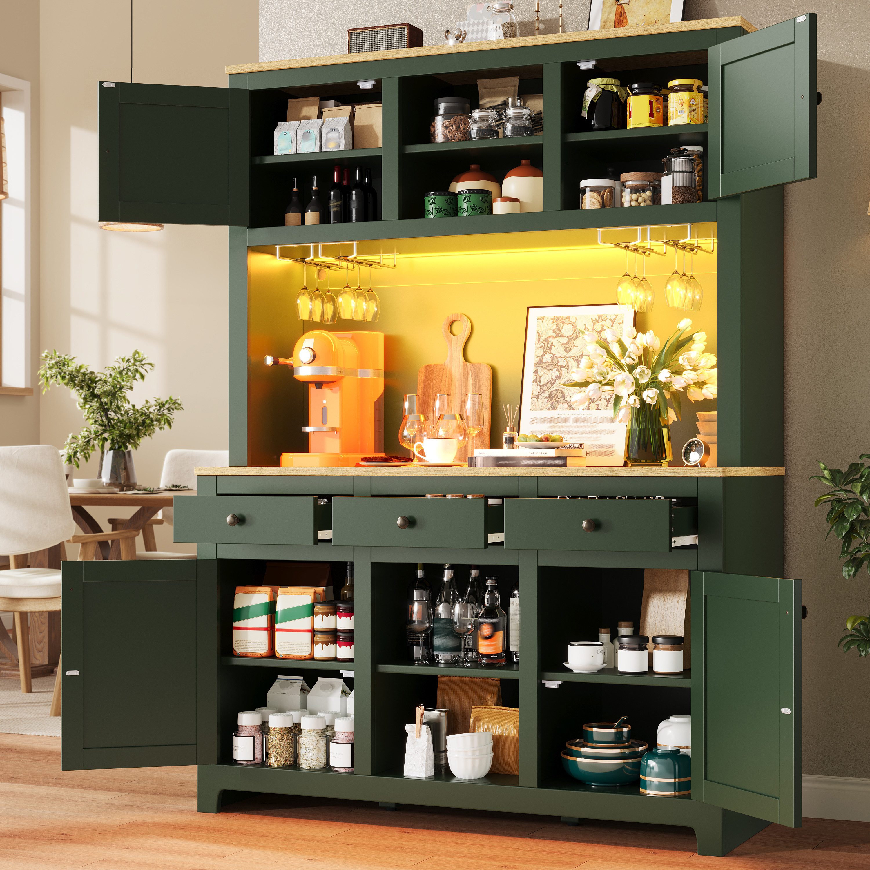 Flieks Küchenbuffet mit Arbeitsplatte in Holzoptik, Rattantüren und Gläserhalter (1-St., B120/T40/H180 cm) Hochschrank Küchenschrank Geschirrschrank mit verstellbare Ablagen