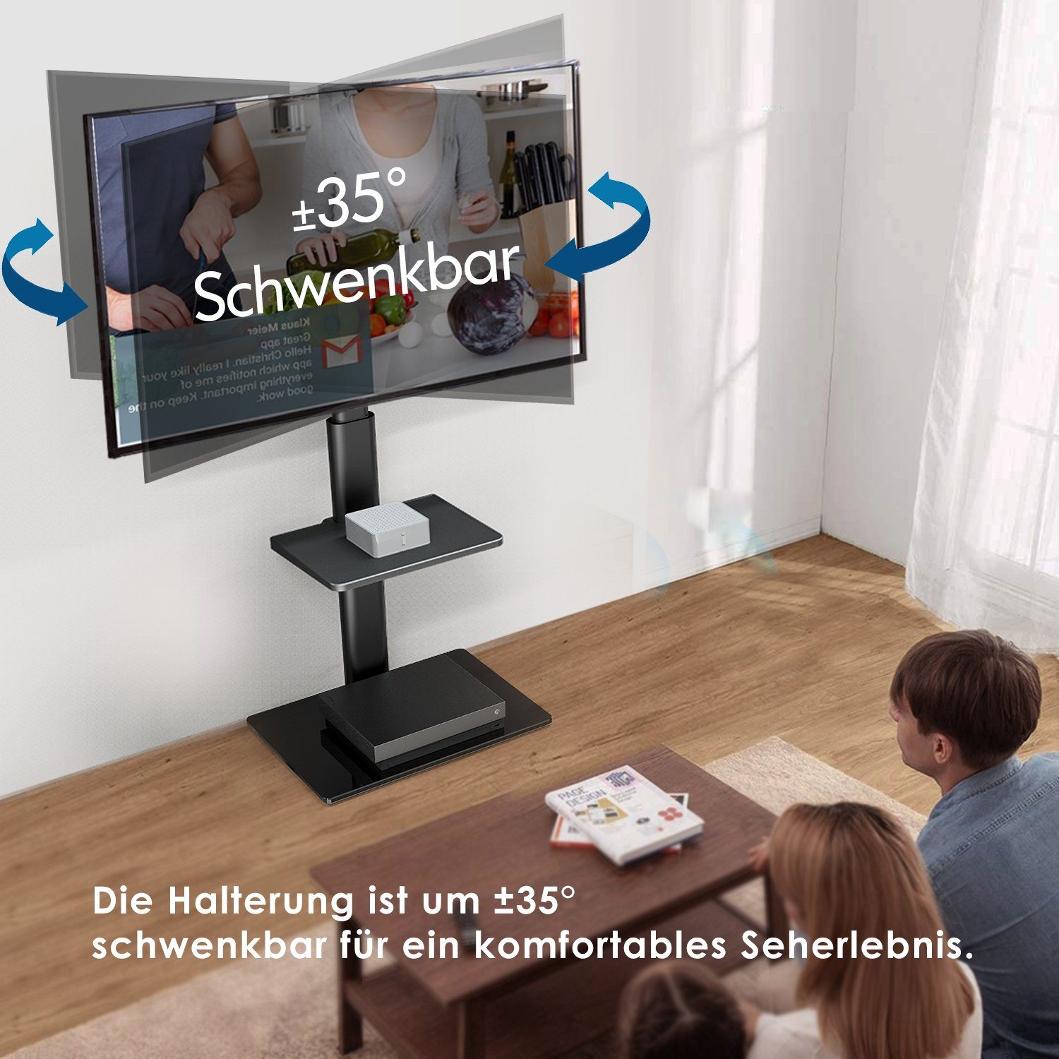 FITUEYES TV-Ständer mit höhenverstellbarer Ablage, 32-60 Zoll, (bis 60,00 Zoll, höhenverstellbar, ±35° schwenkbar, rutschfeste Füße)
