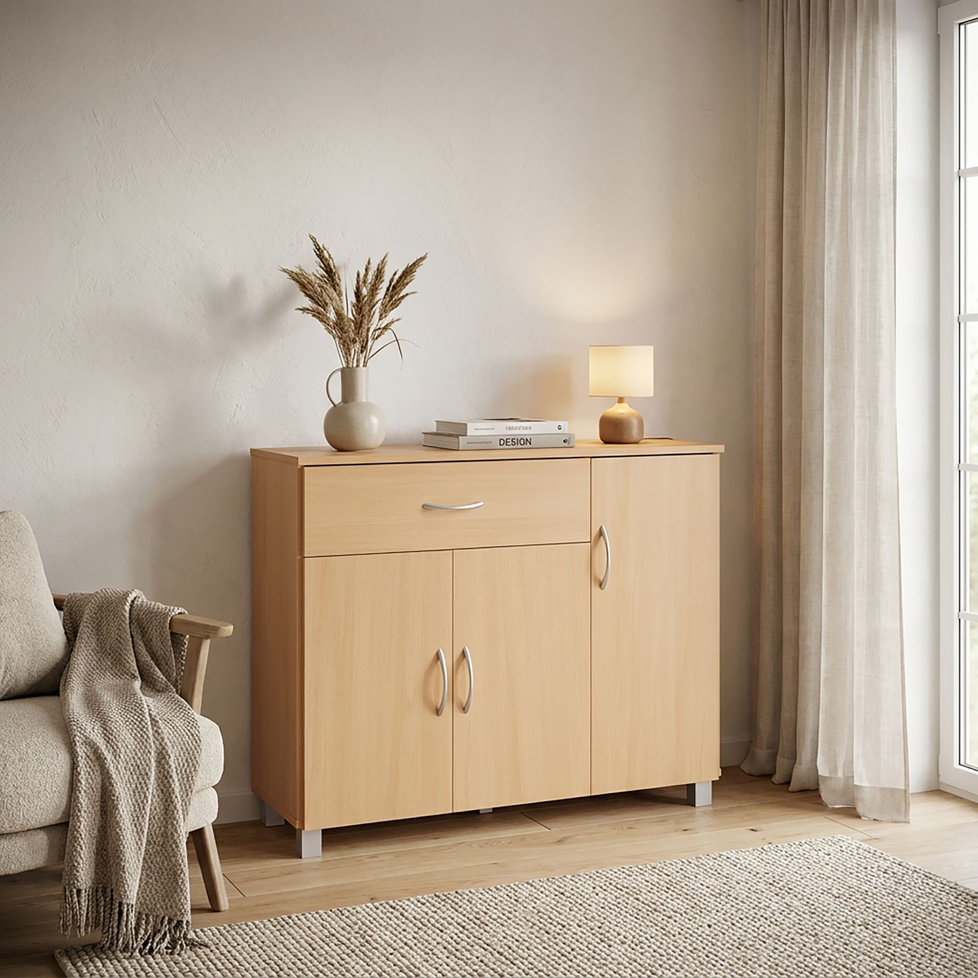 Wohnling Sideboard WL1.333 SETE Buche Schublade & Türen Kommode Anrichte Griffe (SETE Buche mit 1 Schublade & 3 Türen 90x75x30 cm), Design Kommode Anrichte Flur-Schrank mit Griffen