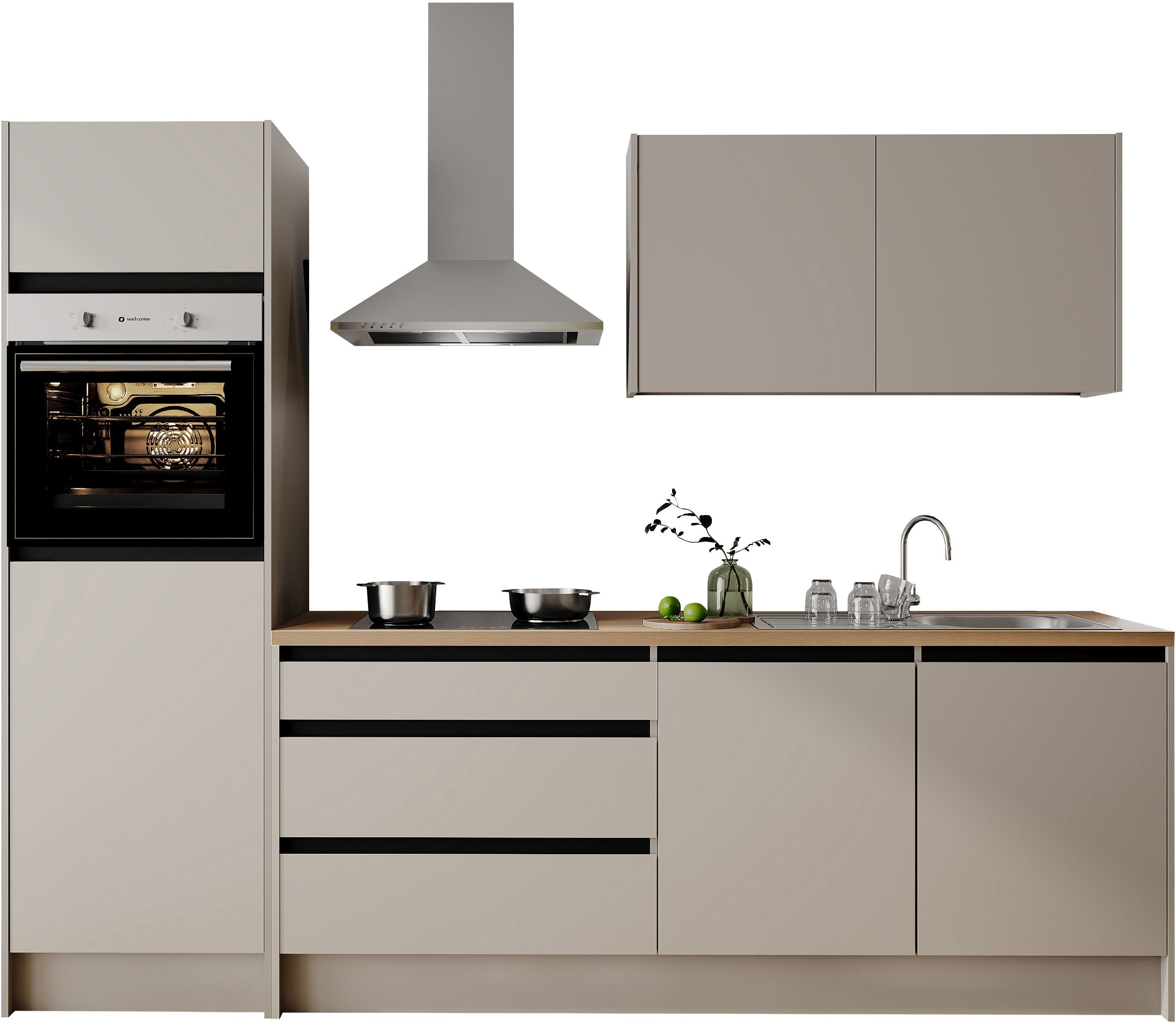 BASIC by Balculina Küchenzeile Isis B/T/H 273x60x210 cm, Breite 273 cm, wahlweise mit E-Geräten und Induktionskochfeld