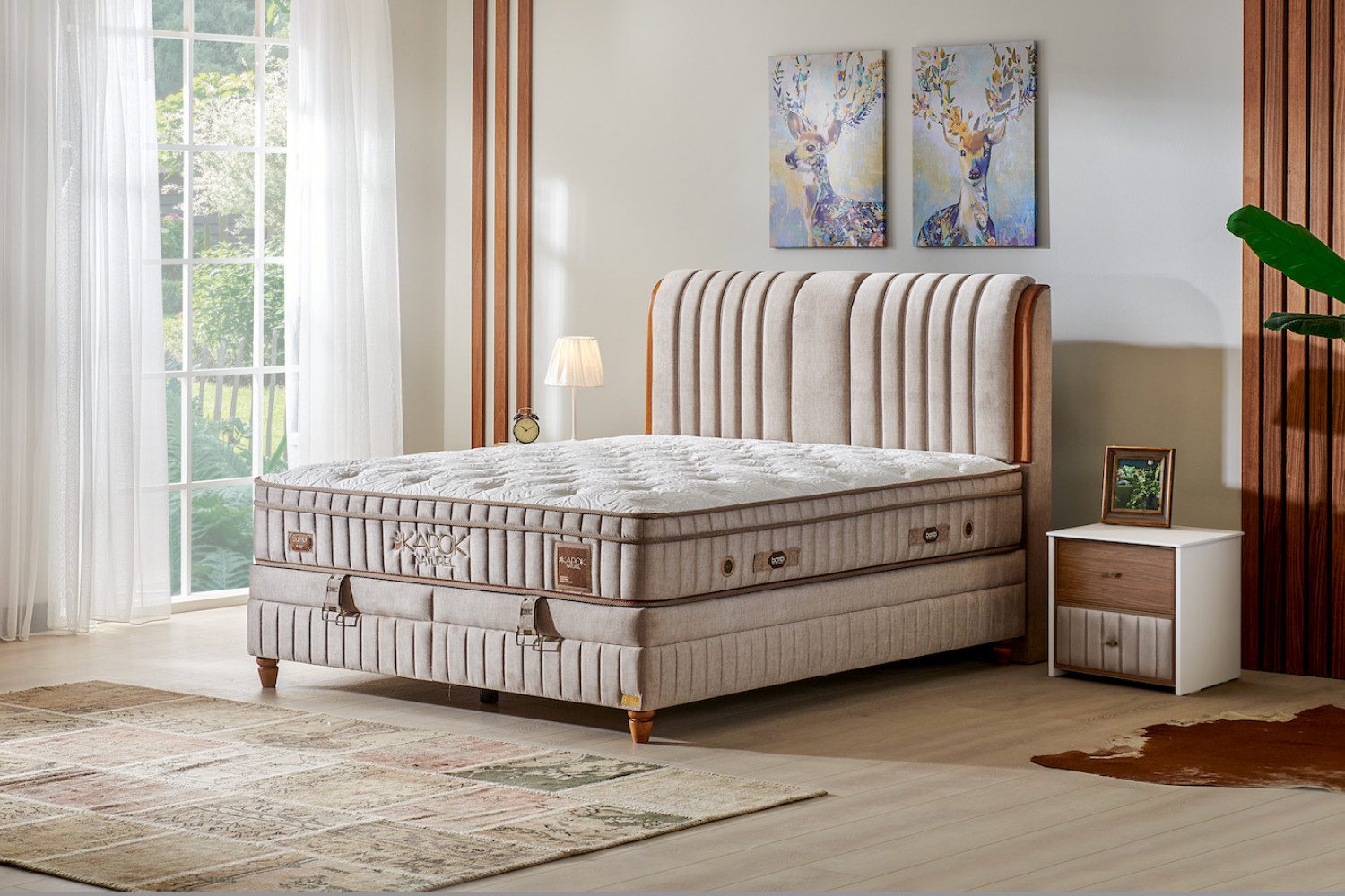 BAMBI YATAK Boxspringbett mit Bettkasten, Bambi Kapok Naturel, Bett mit Matratze opt. Nachttisch (H3 - Mittel, 1 x Matratze, 2 x Bettkasten, 1 x Bettkopfteil), Taschenfederkern, Hyper-Schaum, Komfortschicht, Matratzenhöhe: 31 cm
