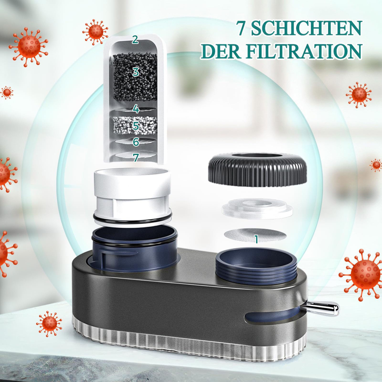 MOPUEA Wasserhahnfilter Spülbecken-Wasserfilter, transparenter Wasserfilter für Wasserhähne, 7 Lagiges Verbundfilterelement, 2 Ersatzkern