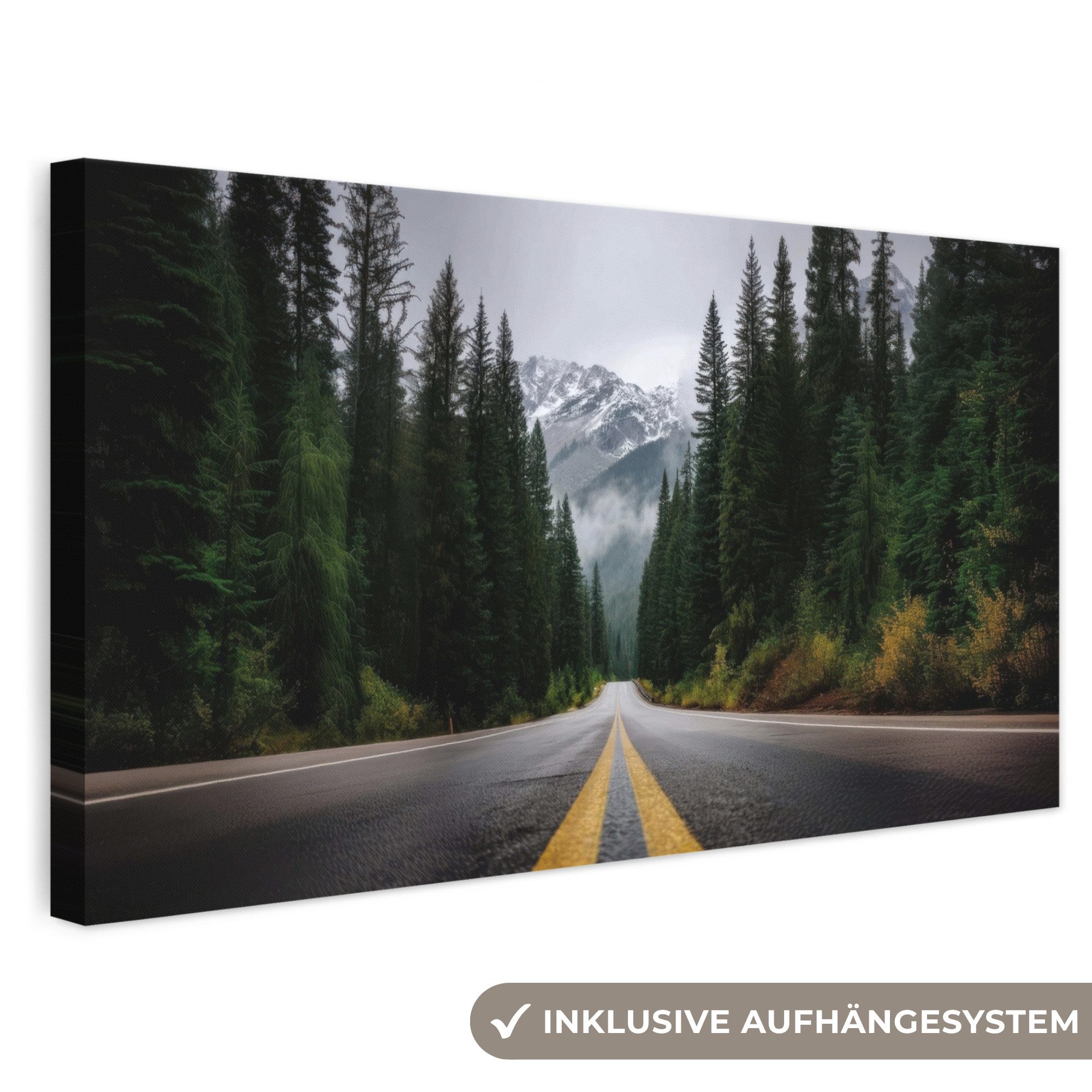 OneMillionCanvasses® Leinwandbild Panorama Fichtenwald - Straße - Berge - Schnee, Fotodruck (1 St), Wandbild, Deko Schlafzimmer Wohnzimmer Flur 40x20 cm