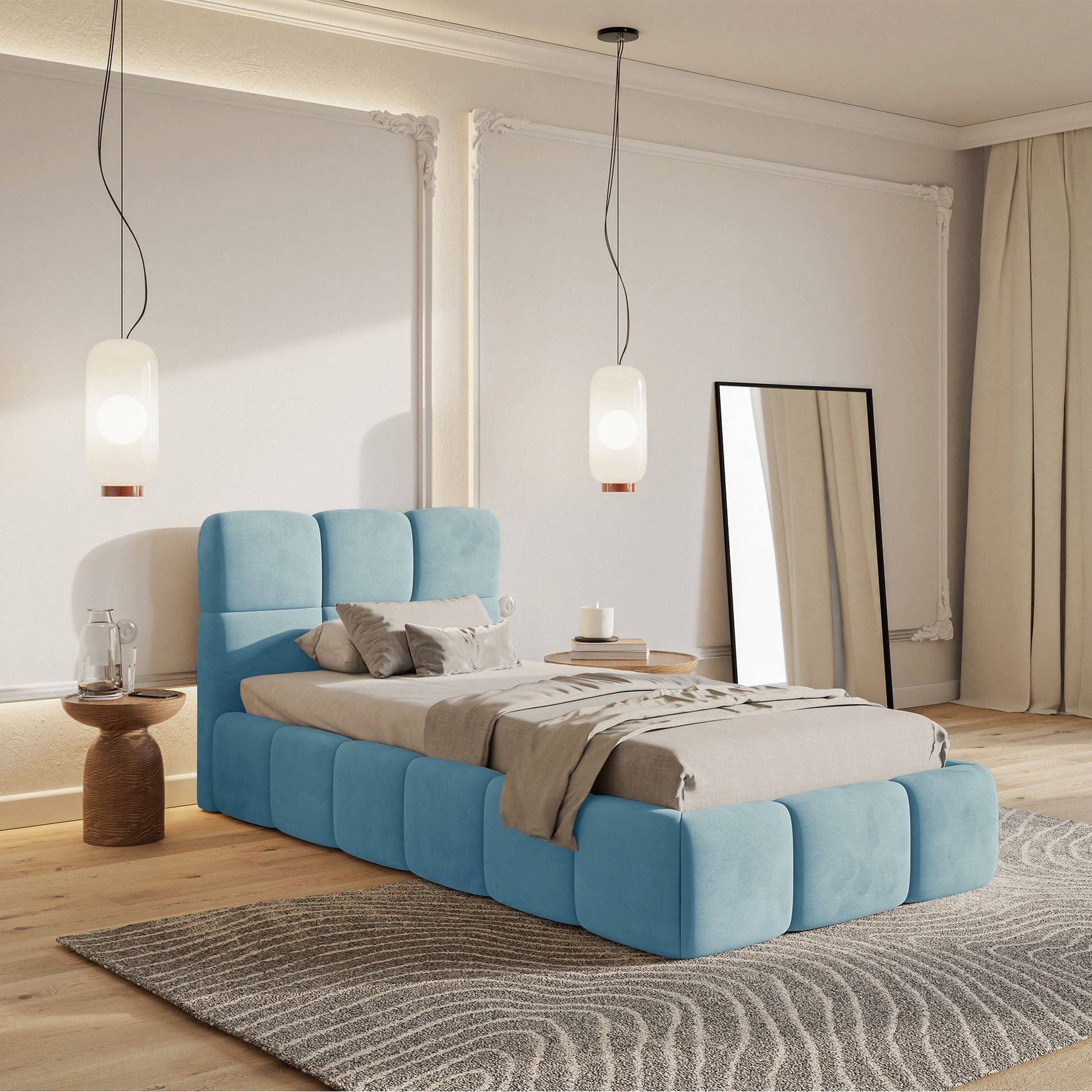 Selsey Kinderbett CLOUDY, mit Lattenrost, und Eck-Kopfteil, Samt wasserabweisend, 90x200 cm