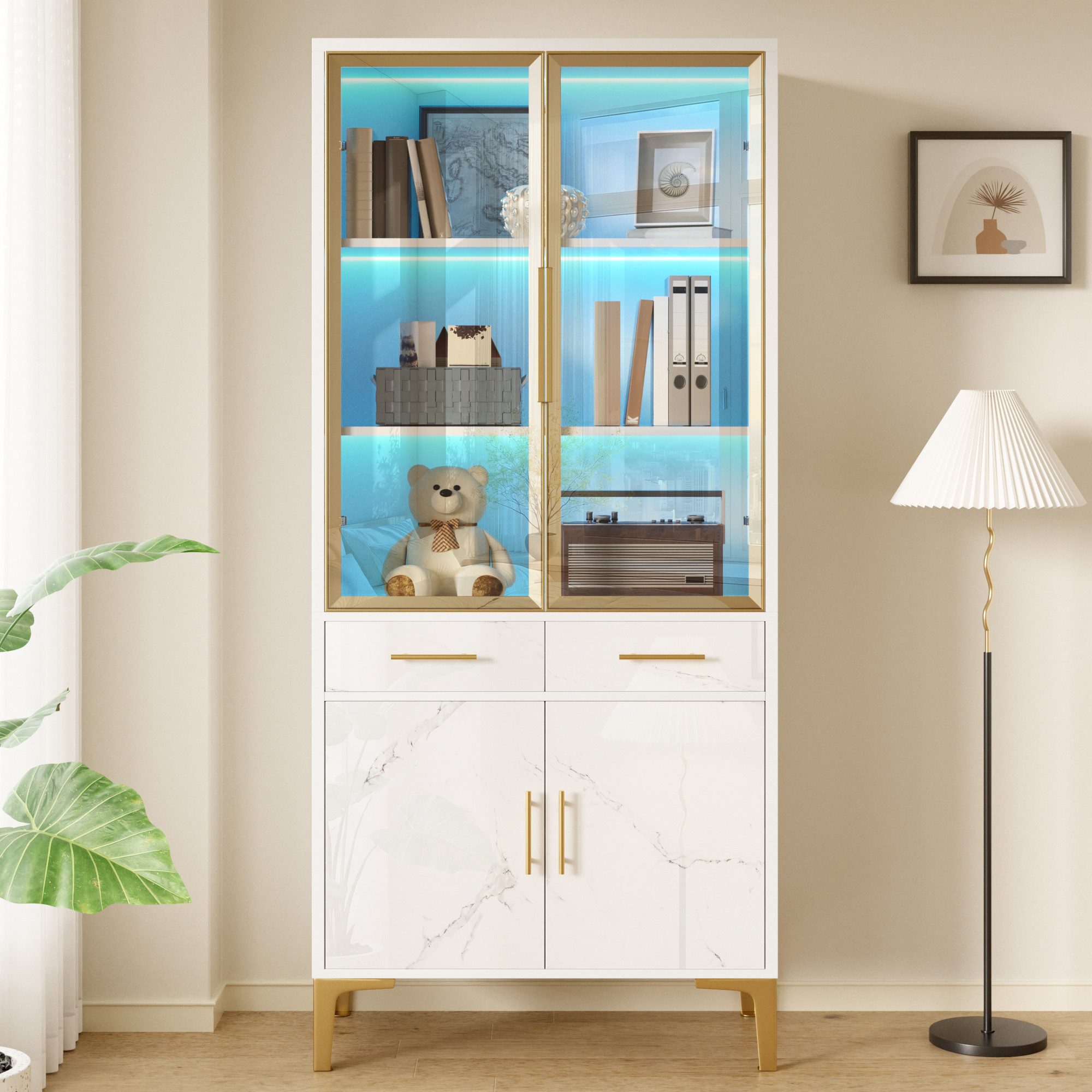 Merax Vitrine mit LED Beleuchtung, Standvitrine mit Marmoroptik & Metallfüßen (75Lx38Bx170Hcm, 1-St) Hochschrank mit 2 Schubladen, 2 Glastüren, 2 Türen & Stauraum