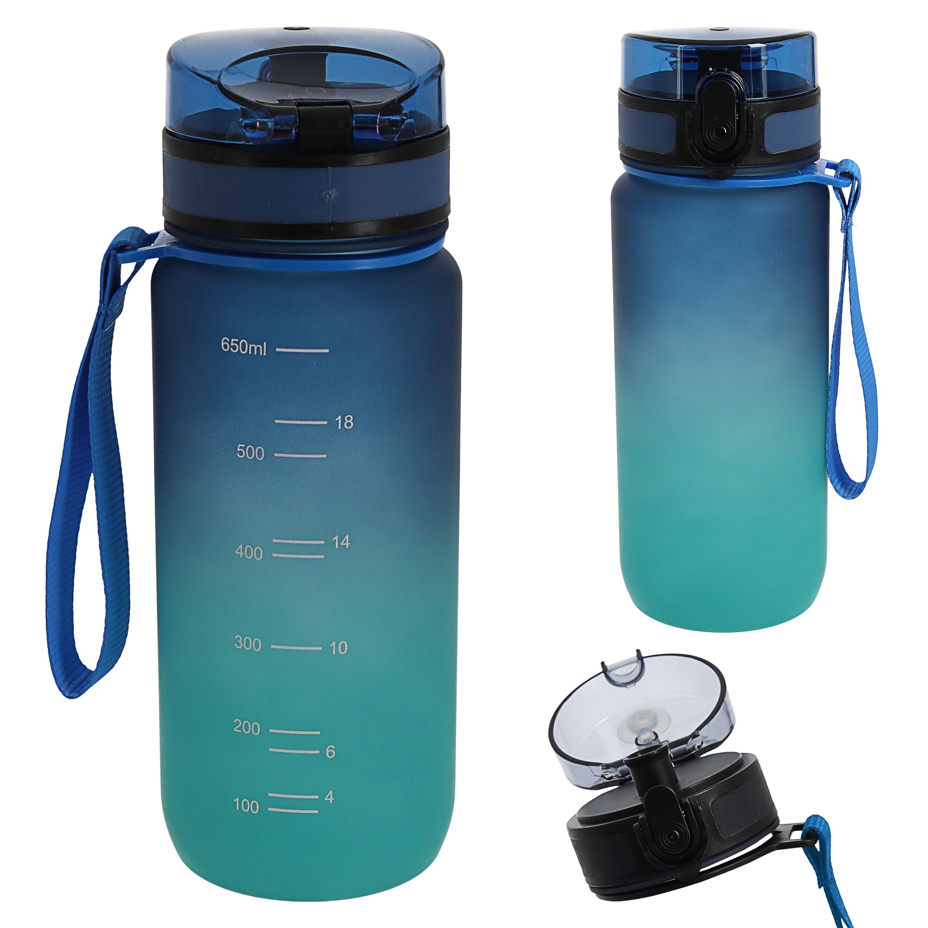 CEPEWA Trinkflasche Trinkflasche 650ml PET PP PE 7x24cm grün blau Handschlaufe Sieb