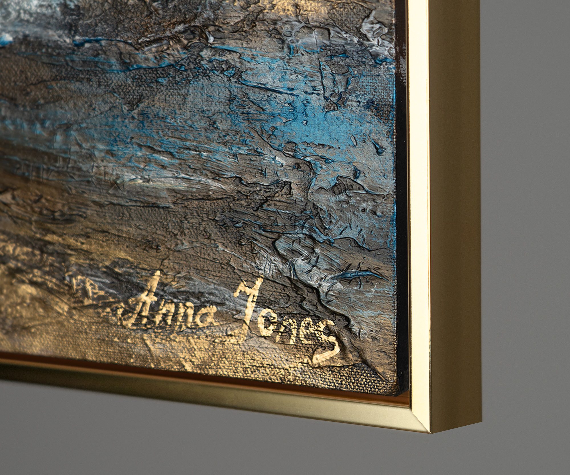 YS-Art Gemälde Goldene Bucht, Abstraktion, Leinwandbild einer Meeresabstraktion mit gold, gerahmt