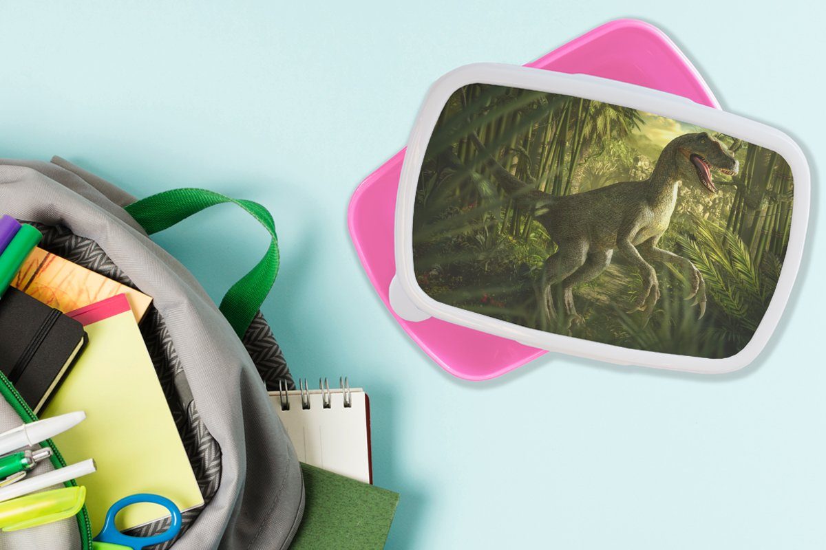 MuchoWow Lunchbox Dinosaurier - Pflanzen Brotdose (2-tlg), Kunststoff, Erwachsene, Jungen, Illustration - Mädchen, rosa - Grün Kinder - - Kunststoff Snackbox, Brotbox für Kinder