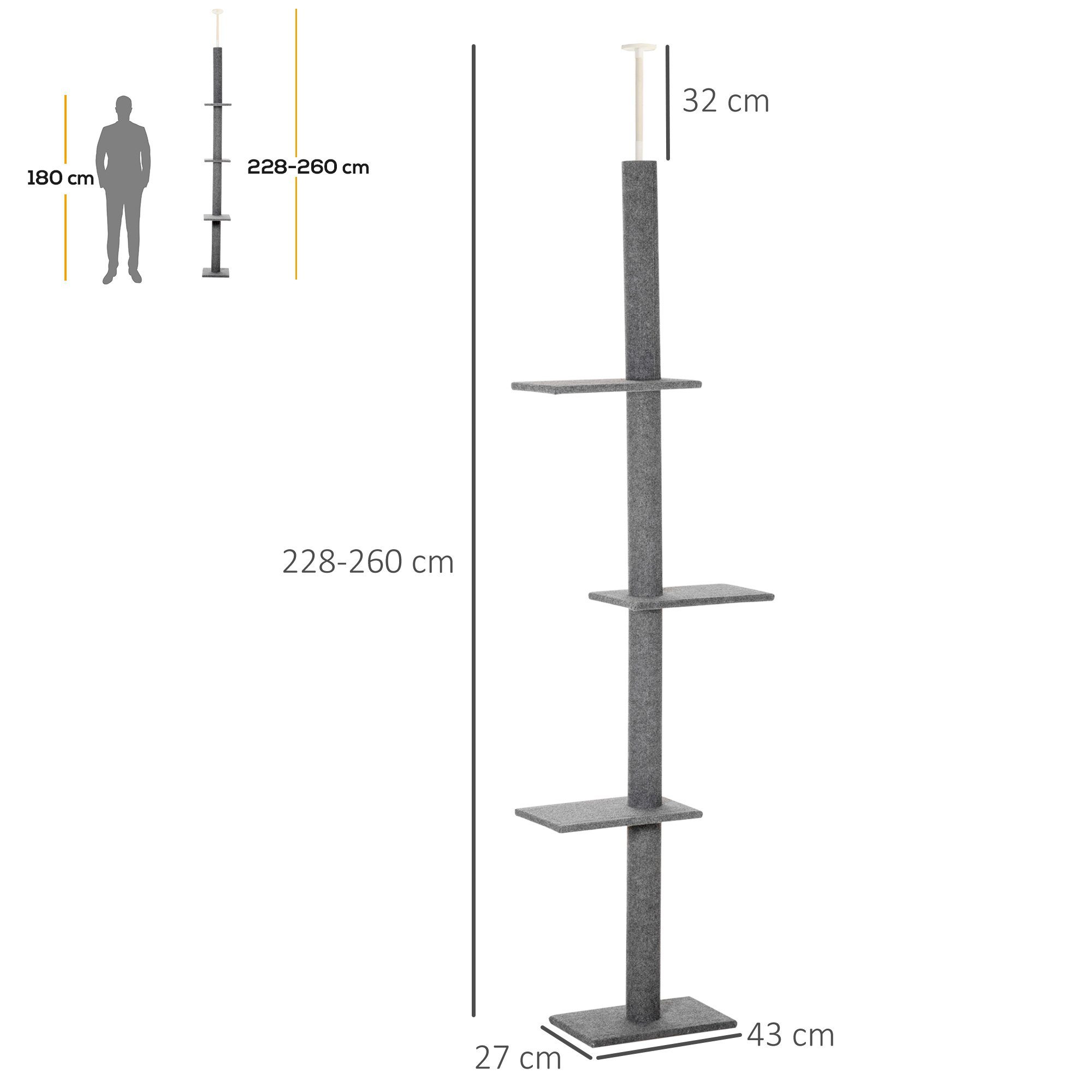 PawHut Kratzbaum Höhenverstellbarer Kletterbaum, mit 3 Ebenen, Grau, 43L x 27B x 228-260H cm