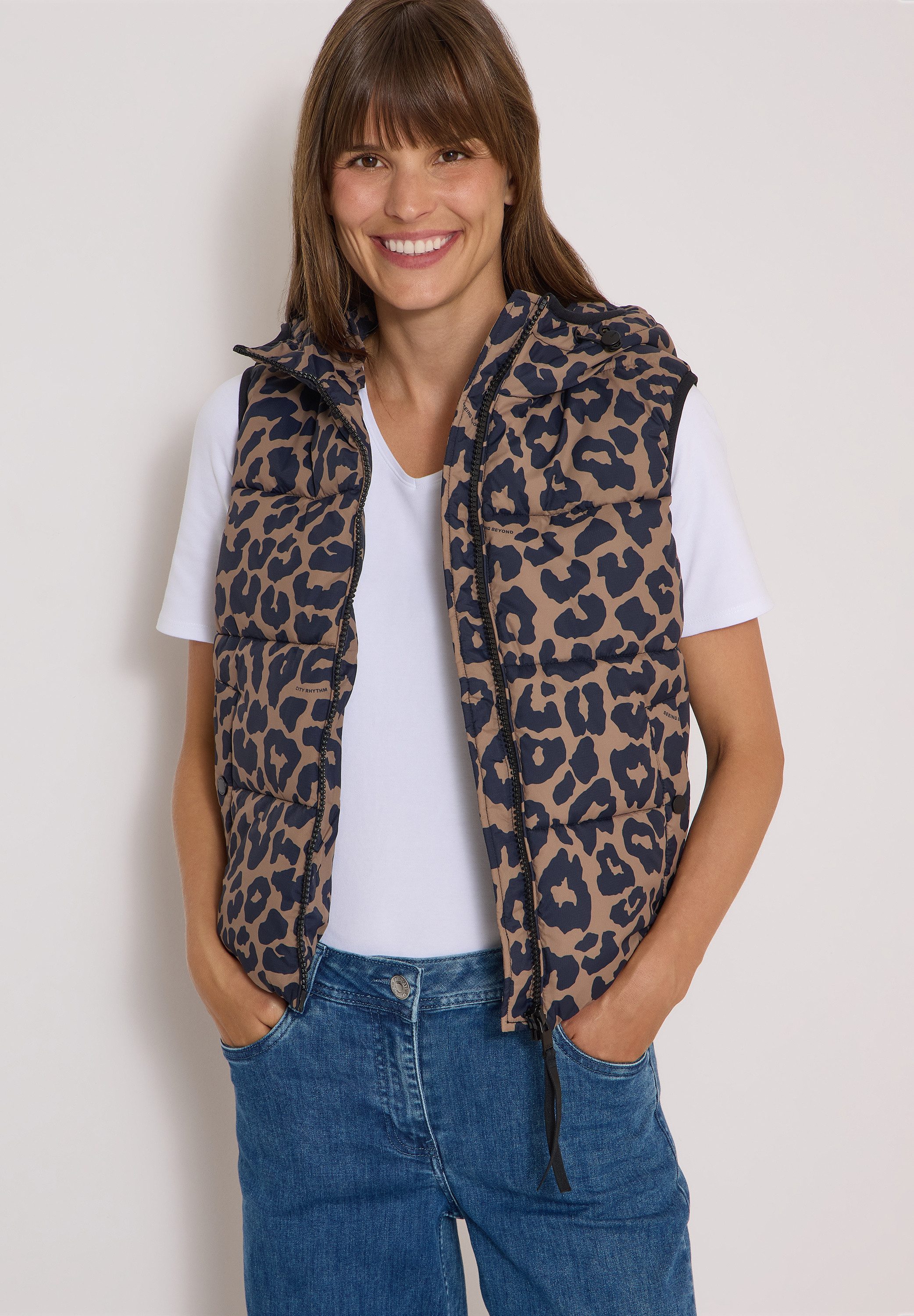 CECIL Steppweste Kapuze mit Kordelzug, Elastiksaum, Animal-Print