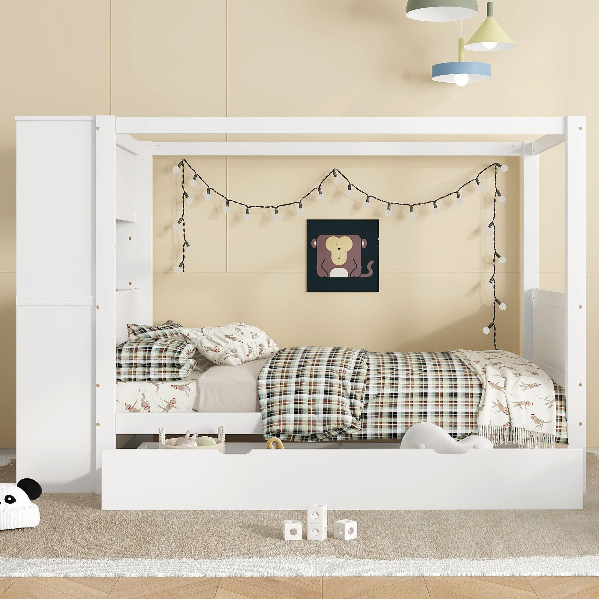 Flieks Kinderbett, Holzbett Himmelbett Einzelbett 90x200cm mit Schubladen Seitenschrank