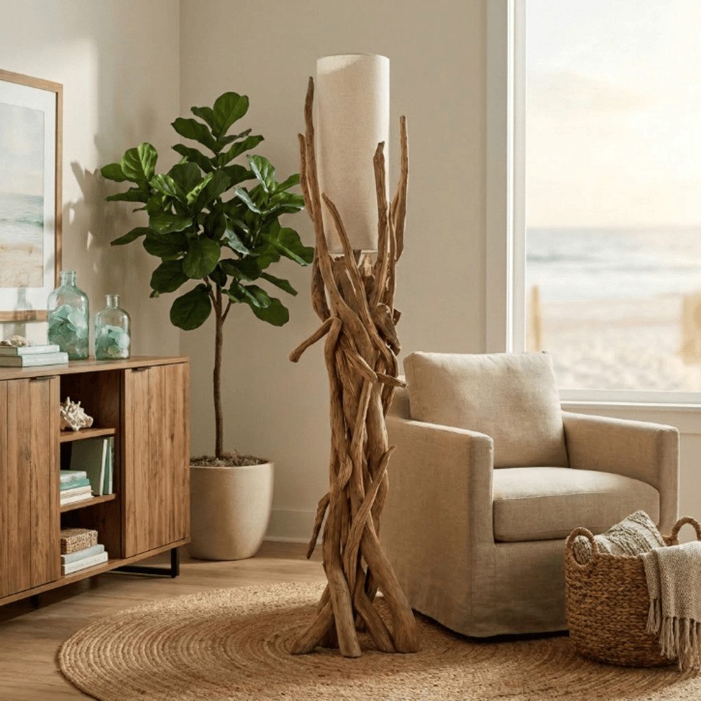 Möbel Bressmer Stehlampe stehlampe holz VILLA,40cm Treibholz-Stehlampe mit natür Lampenschirm, ohne Leuchtmittel, E27, Nachhaltig