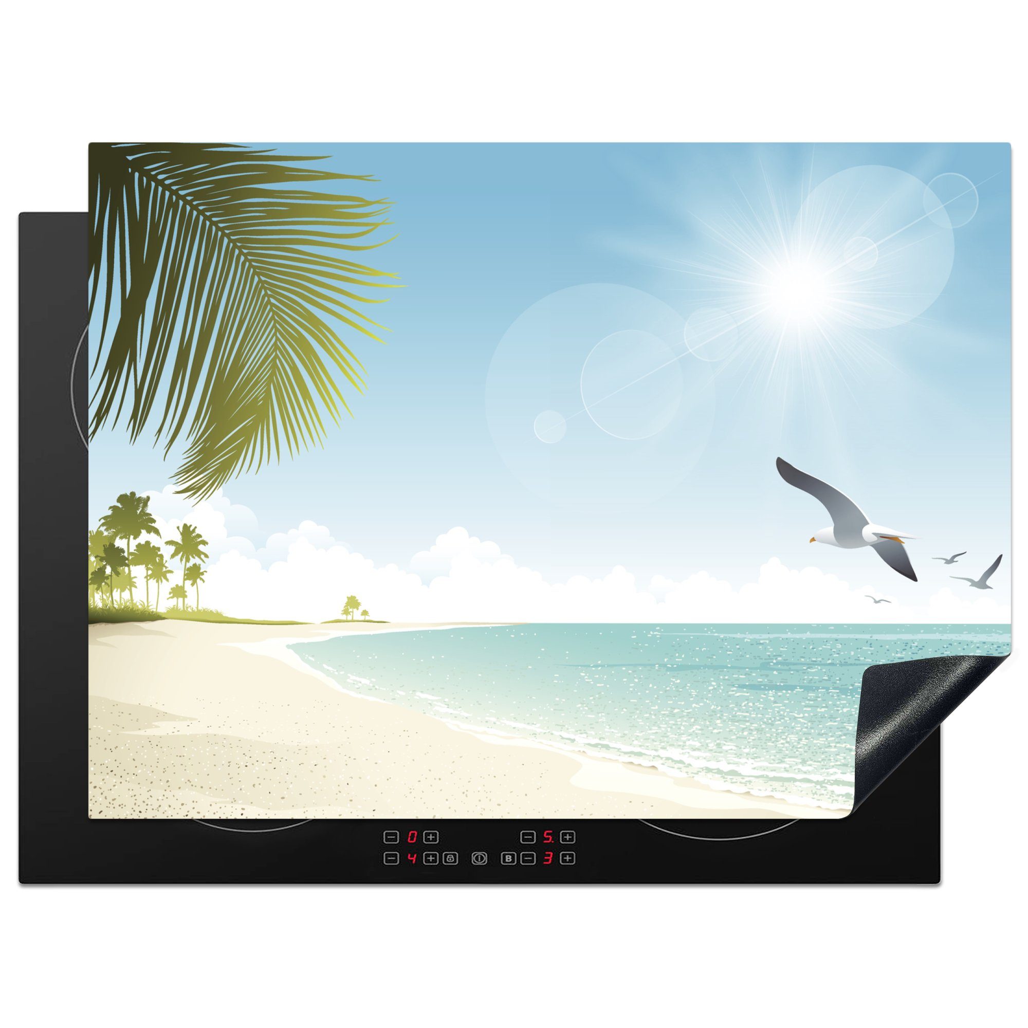 MuchoWow Herdblende-/Abdeckplatte Eine Illustration eines klaren blauen Himmels über dem Strand, Vinyl, (1 tlg), 70x52 cm, Mobile Arbeitsfläche nutzbar, Ceranfeldabdeckung