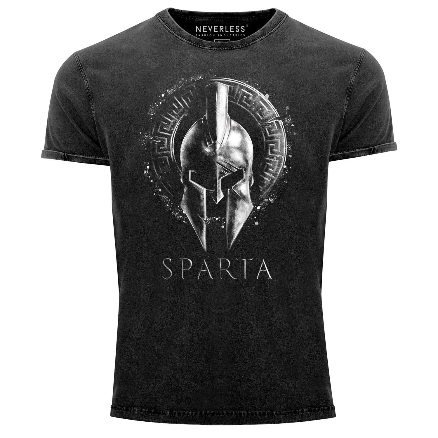 Neverless Print-Shirt Used Neverless® Fit Krieger Aufdruck Print Herren Slim Vintage Printshirt Sparta mit T-Shirt Helm Look Warrior Shirt